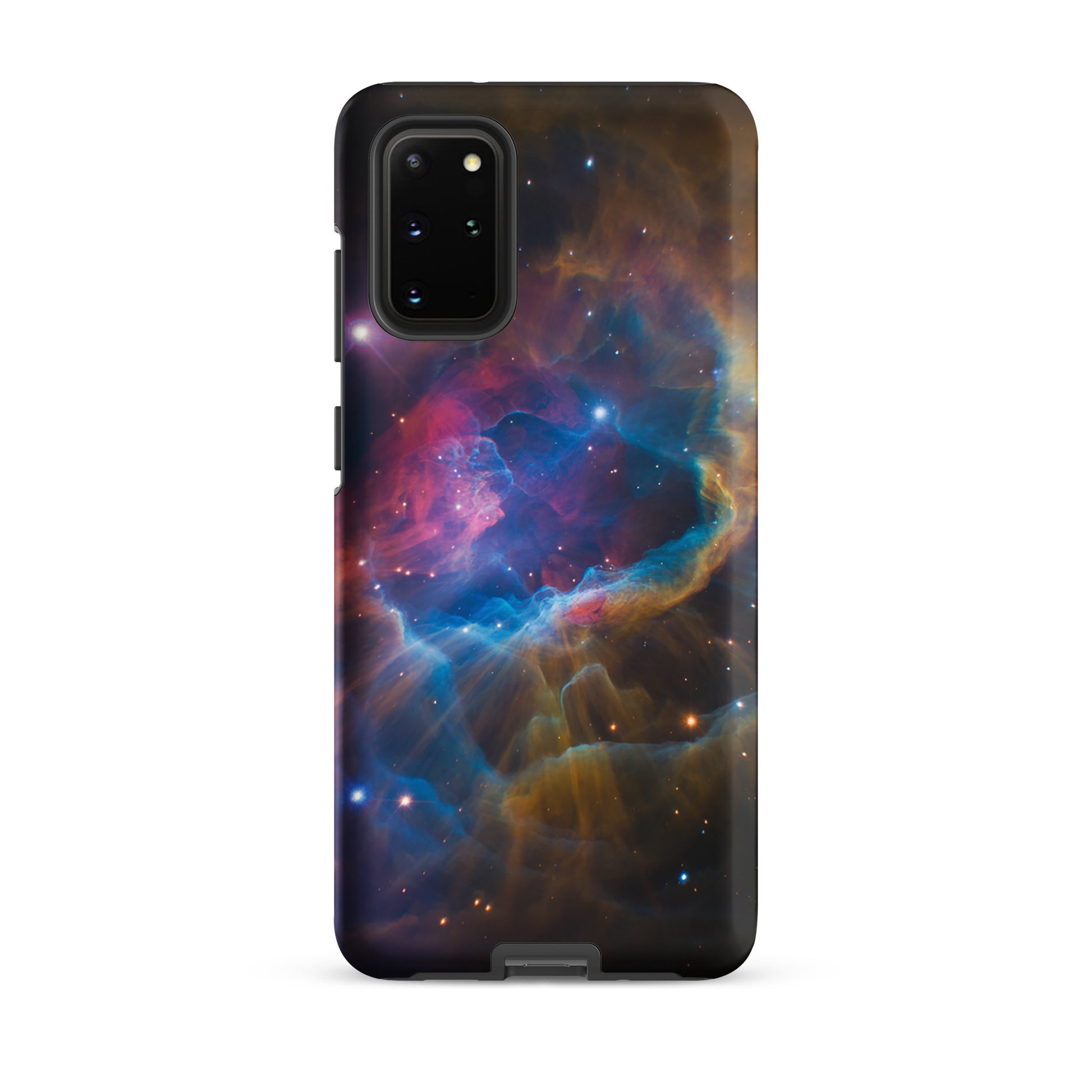 Phone Case for Samsung Galaxy with cosmic nebula design, featuring electric blues, fiery oranges, and dreamy pinks on a starry background.