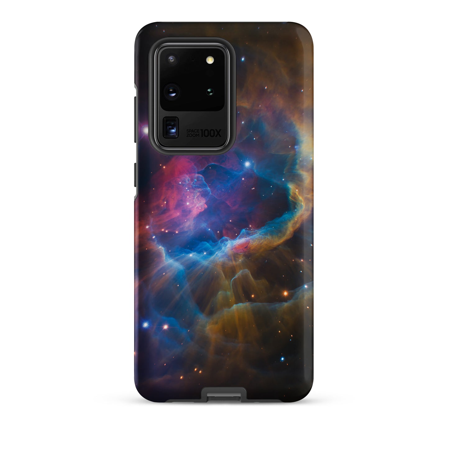 Phone Case for Samsung Galaxy with Nebula Cosmic Dreamscape design, featuring electric blues, fiery oranges, and dreamy pinks.