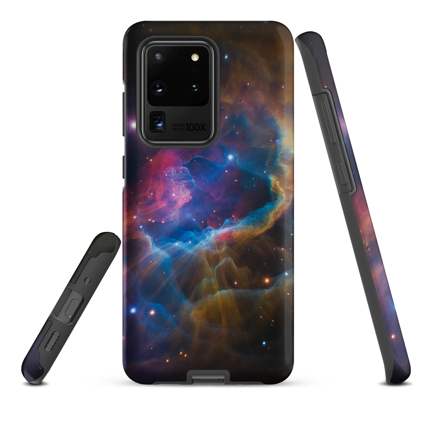 Phone Case for Samsung Galaxy featuring nebula cosmic design with electric blues, fiery oranges, and dreamy pinks starburst pattern.