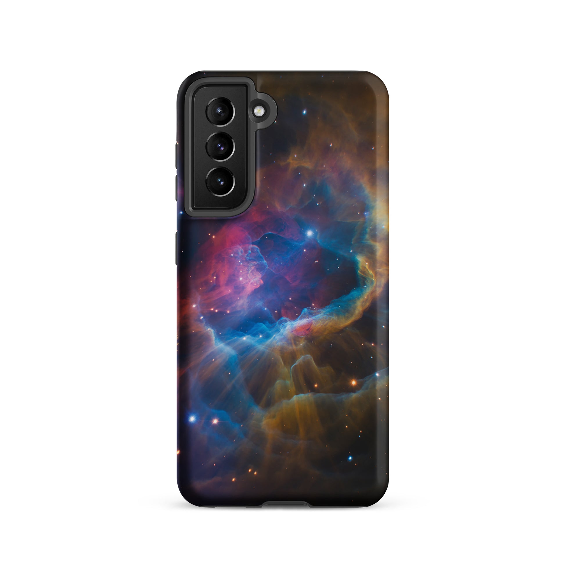 Phone Case for Samsung Galaxy featuring a vibrant nebula design in cosmic colors, including blues, oranges, and pinks.