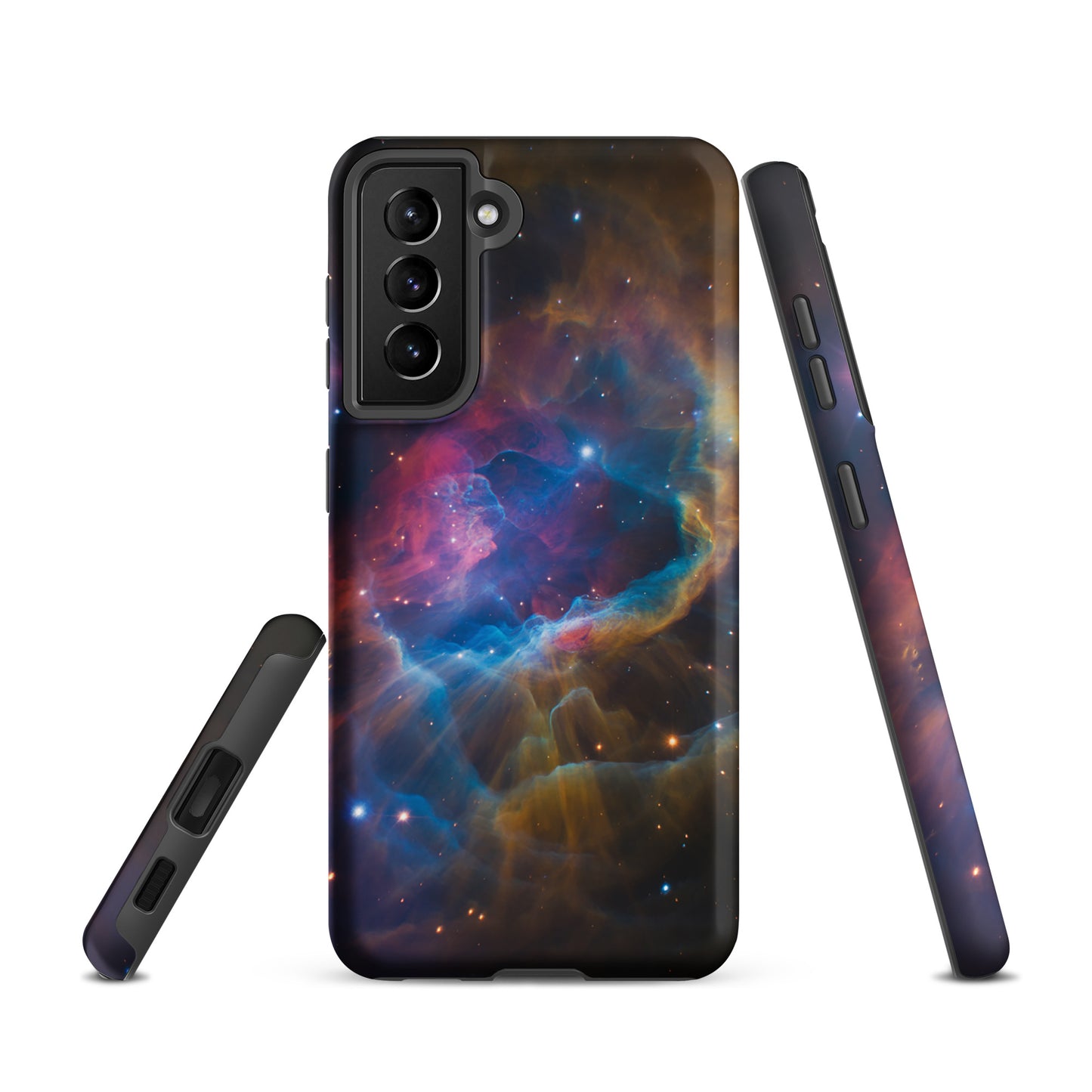 Phone Case for Samsung Galaxy with nebula cosmic design featuring blue, orange, and pink starburst aesthetic.