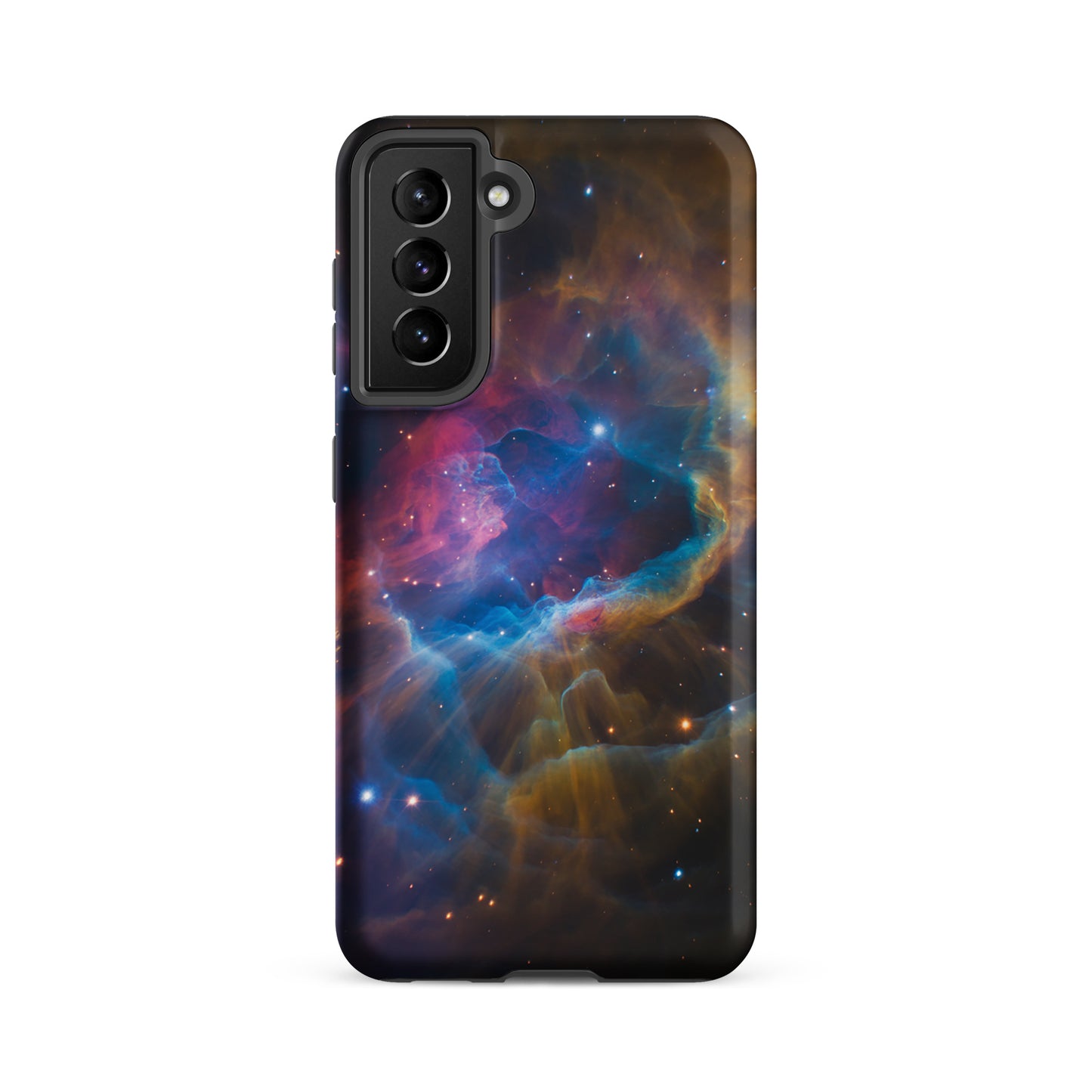 Phone Case for Samsung Galaxy with nebula cosmic design in electric blues, fiery oranges, and dreamy pinks starburst.