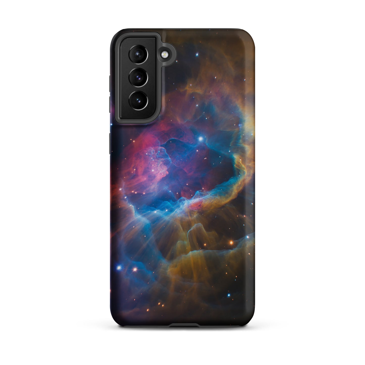 Phone Case for Samsung Galaxy with nebula cosmic design, featuring electric blues and fiery oranges in a starry dreamscape.