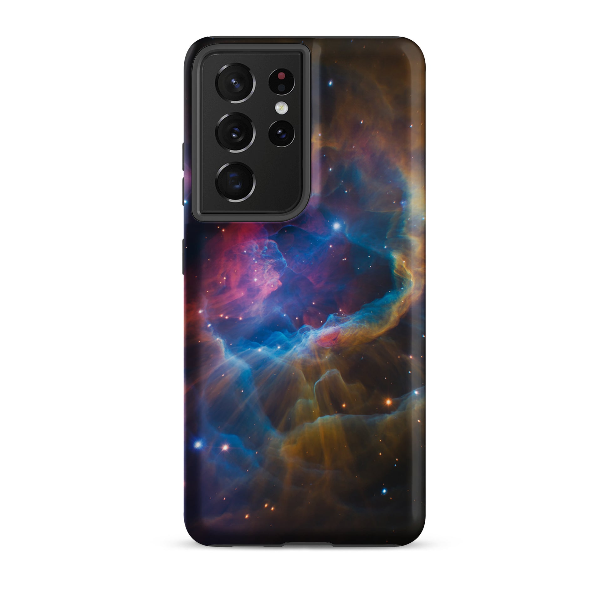 Phone Case for Samsung Galaxy with nebula cosmic design featuring electric blue, fiery orange, and dreamy pink starburst pattern.