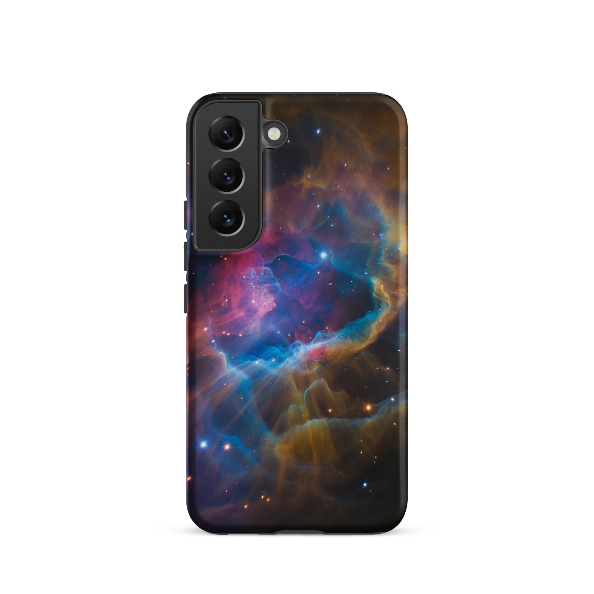 Phone Case for Samsung Galaxy with nebula design, showcasing blue, orange, and pink cosmic starburst pattern.