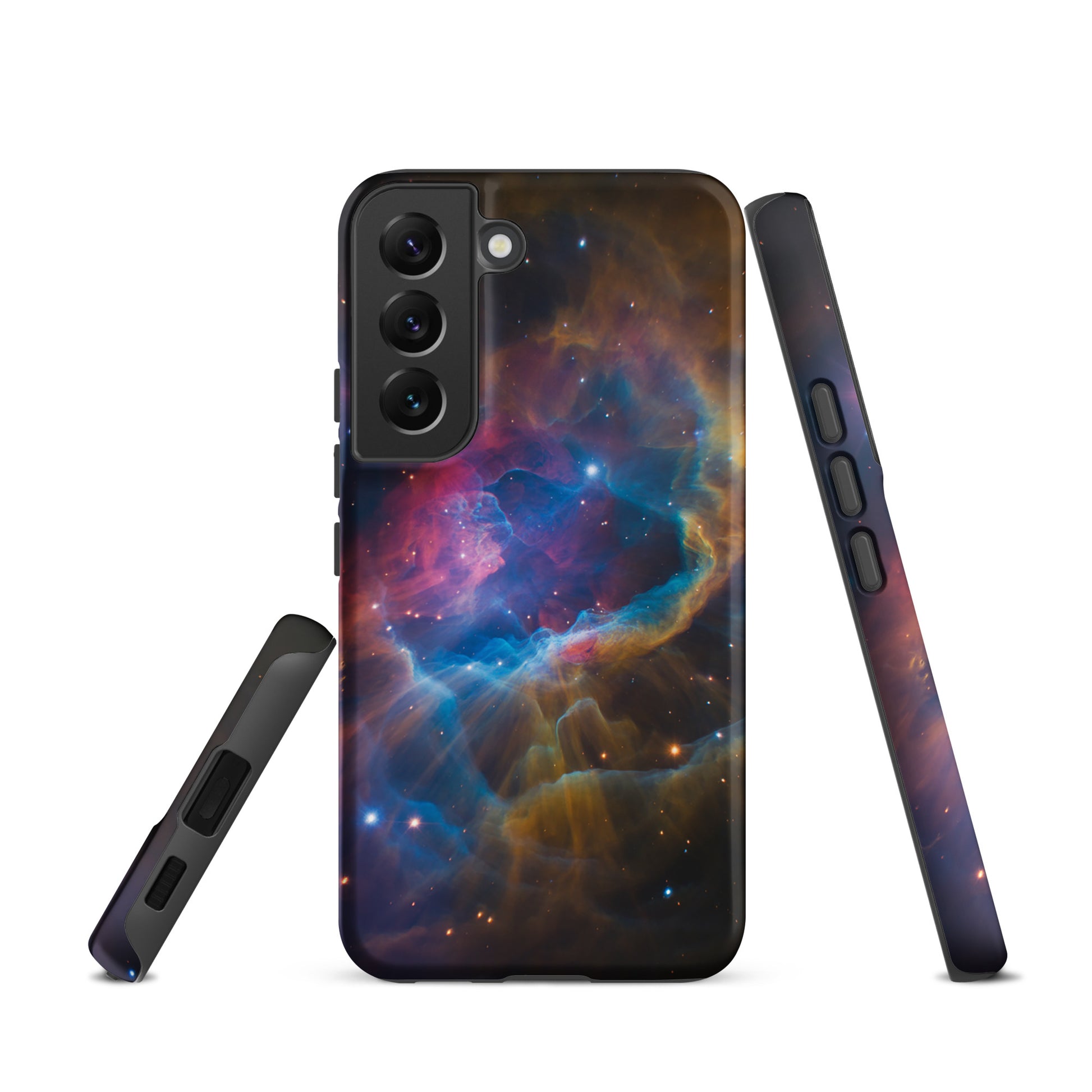 Phone Case for Samsung Galaxy with nebula cosmic starburst design, featuring vibrant swirls of blue, orange, and pink.