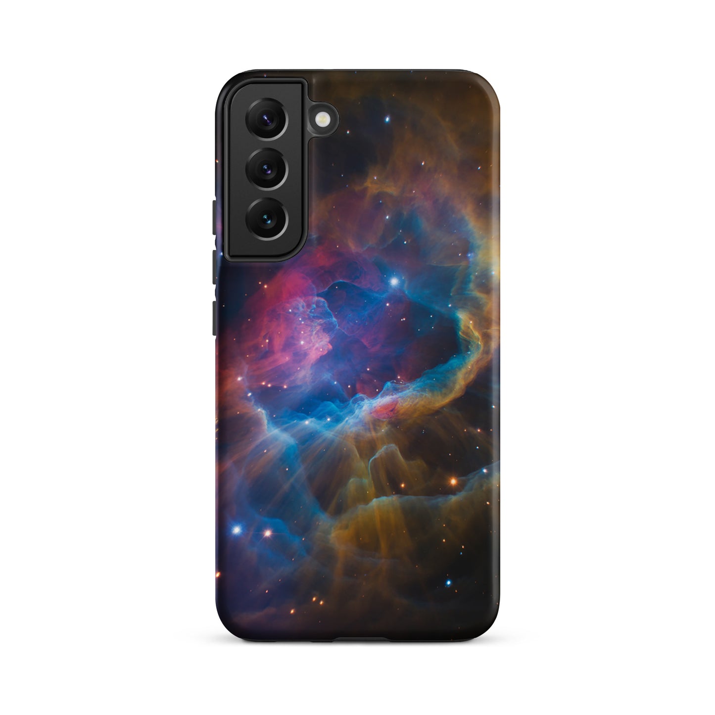 Phone Case for Samsung Galaxy with nebula starburst design in blue, orange, and pink cosmic hues