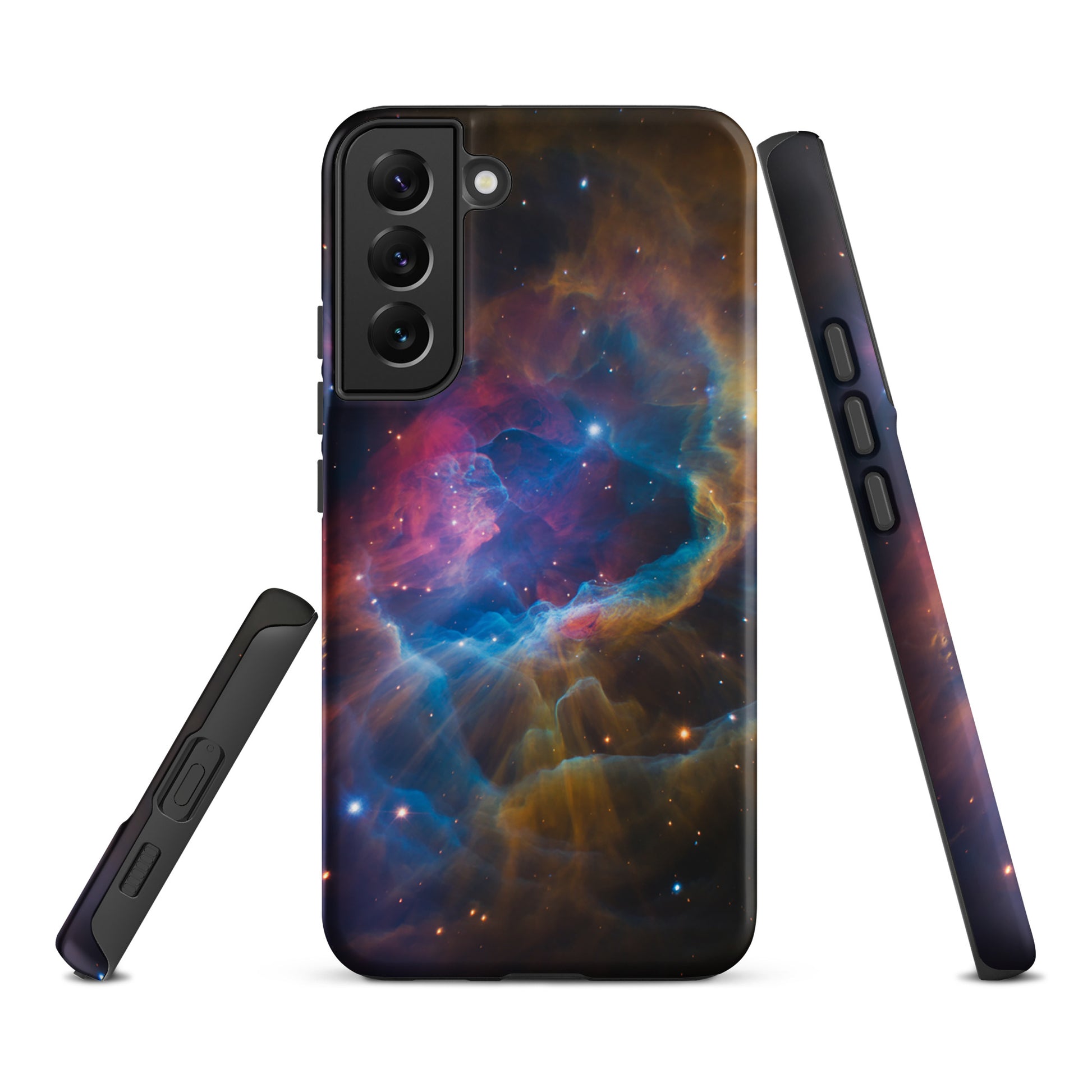 Phone Case for Samsung Galaxy featuring a vibrant nebula design with blues, oranges, and pinks resembling a cosmic dreamscape.