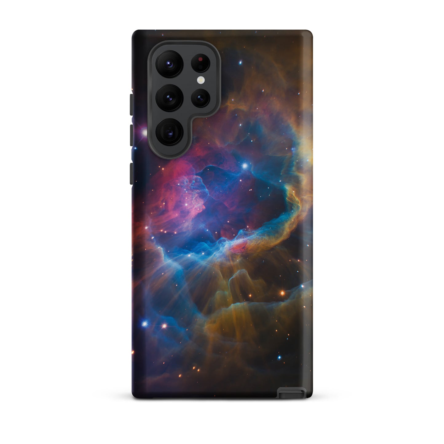 Phone Case for Samsung Galaxy featuring a nebula cosmic dreamscape with vibrant blues, oranges, and pinks resembling a starburst.