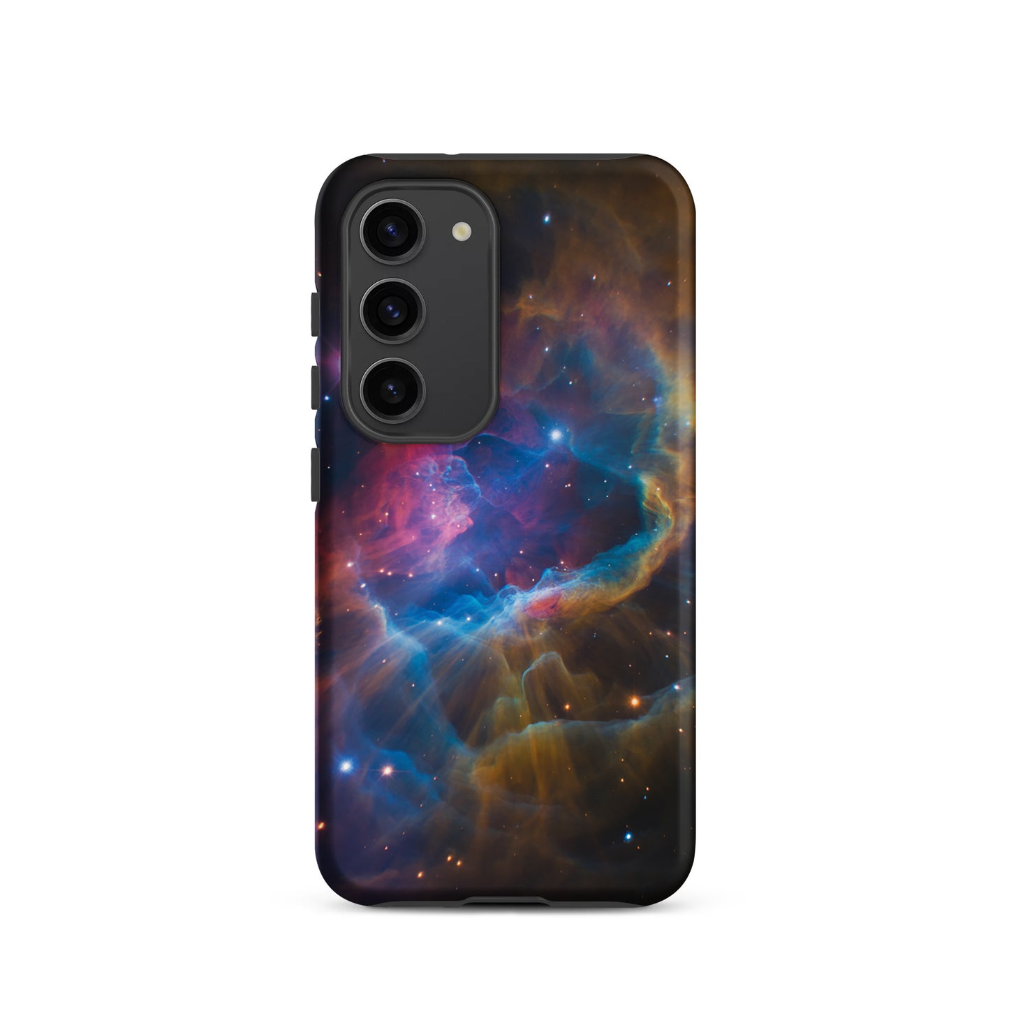 Phone Case for Samsung Galaxy displaying a nebula cosmic dreamscape with vibrant blues, oranges, and pinks on the cover.