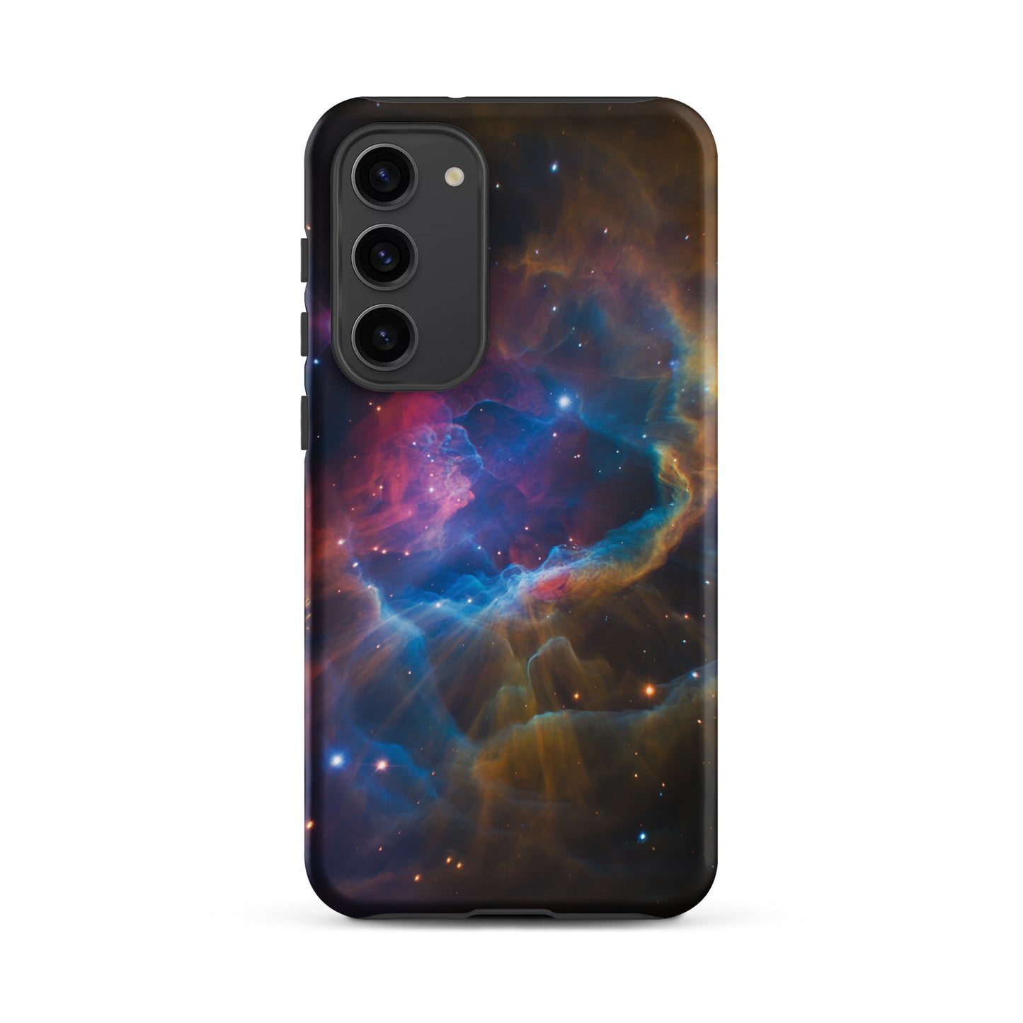 Phone Case for Samsung Galaxy with nebula cosmic design, featuring electric blues and fiery oranges starburst pattern.
