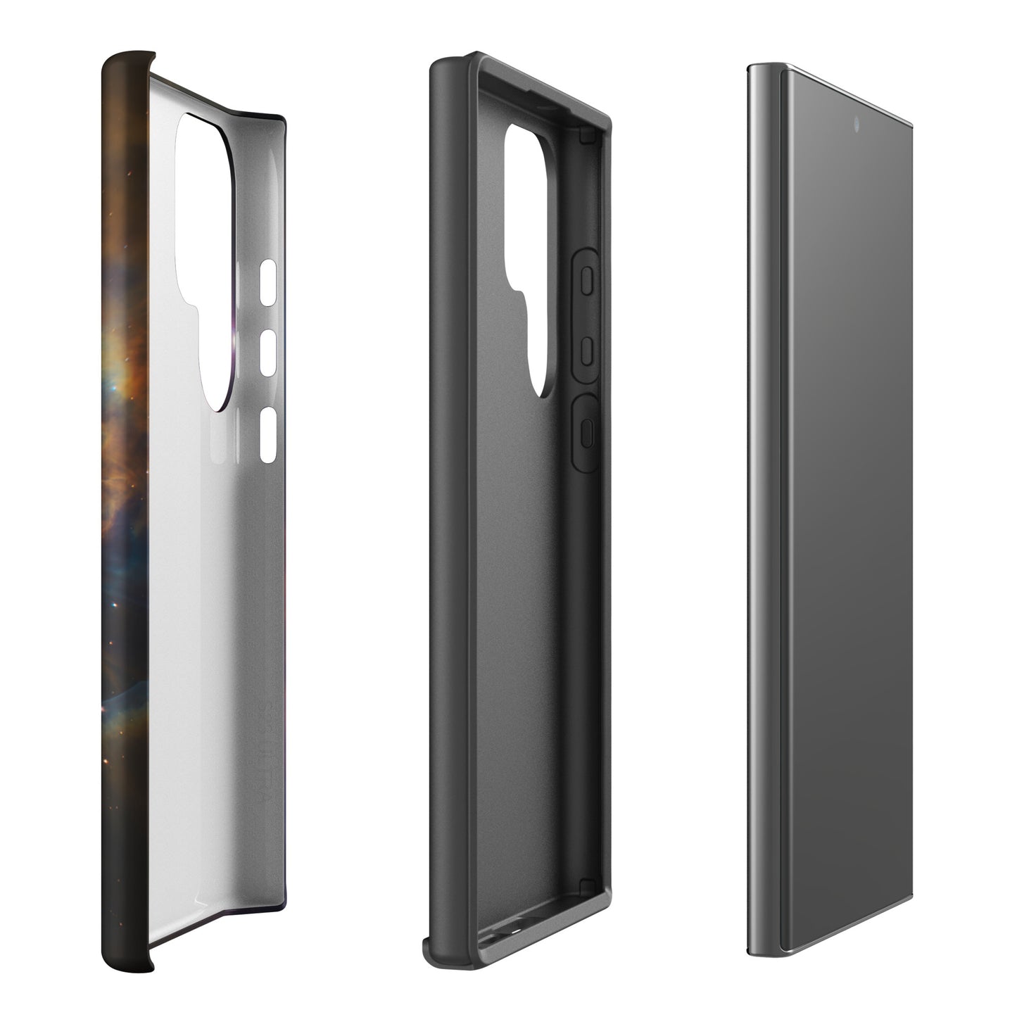 Phone Case for Samsung Galaxy with nebula cosmic design showing side and back views.