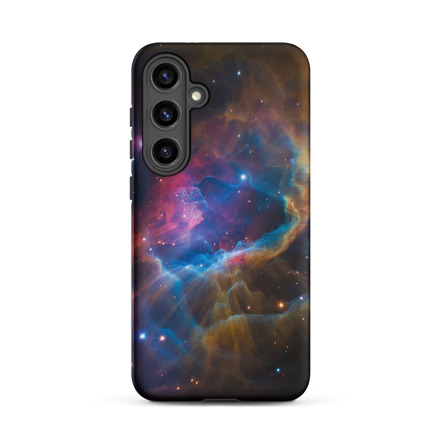 Phone Case for Samsung Galaxy featuring nebula cosmic dreamscape starburst design with electric blues and fiery oranges.