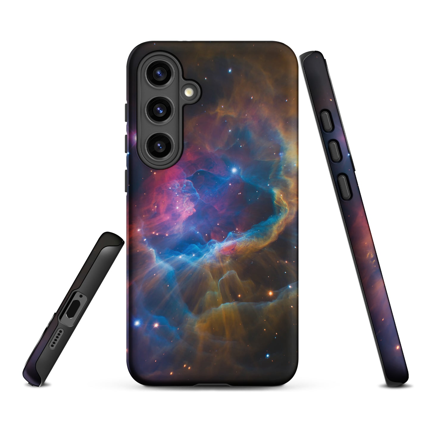 Phone Case for Samsung Galaxy featuring nebula cosmic design in blues, oranges, and pinks. Perfect celestial-themed accessory.