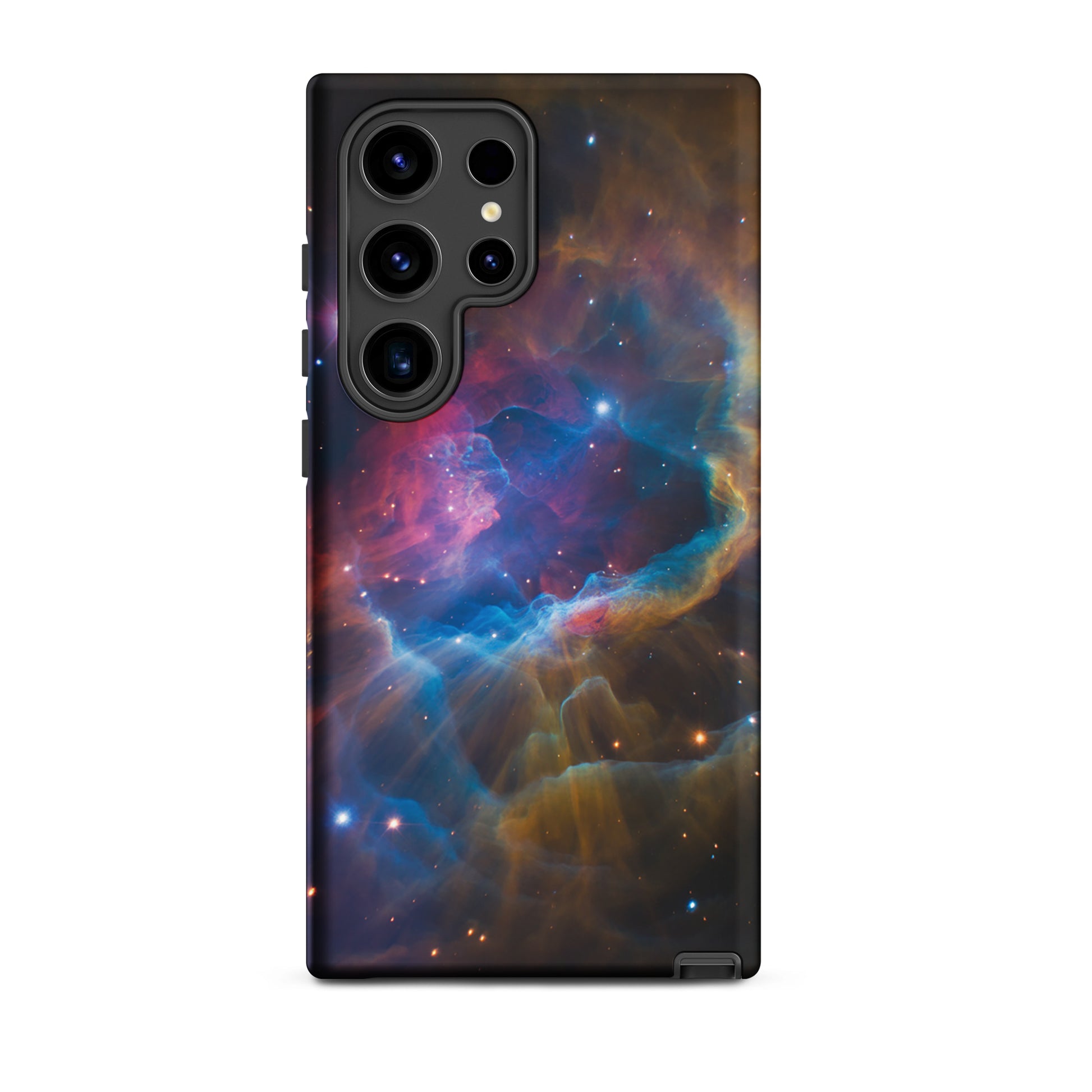 Phone Case for Samsung Galaxy with nebula design featuring cosmic colors of blue, orange, and pink in a star-filled dreamscape.