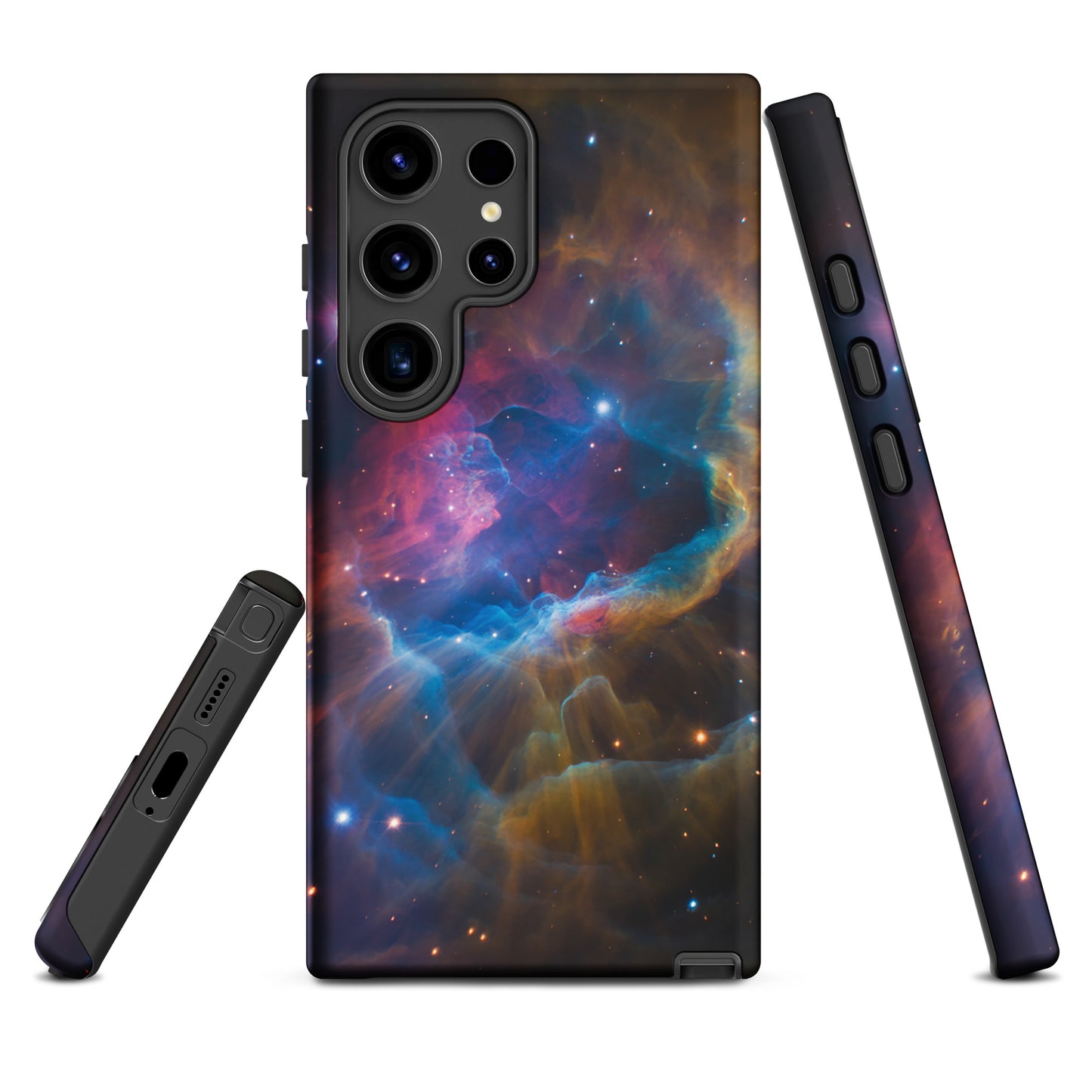 Phone Case for Samsung Galaxy featuring nebula cosmic design with vibrant blues, oranges, and pinks, cosmic starburst pattern.