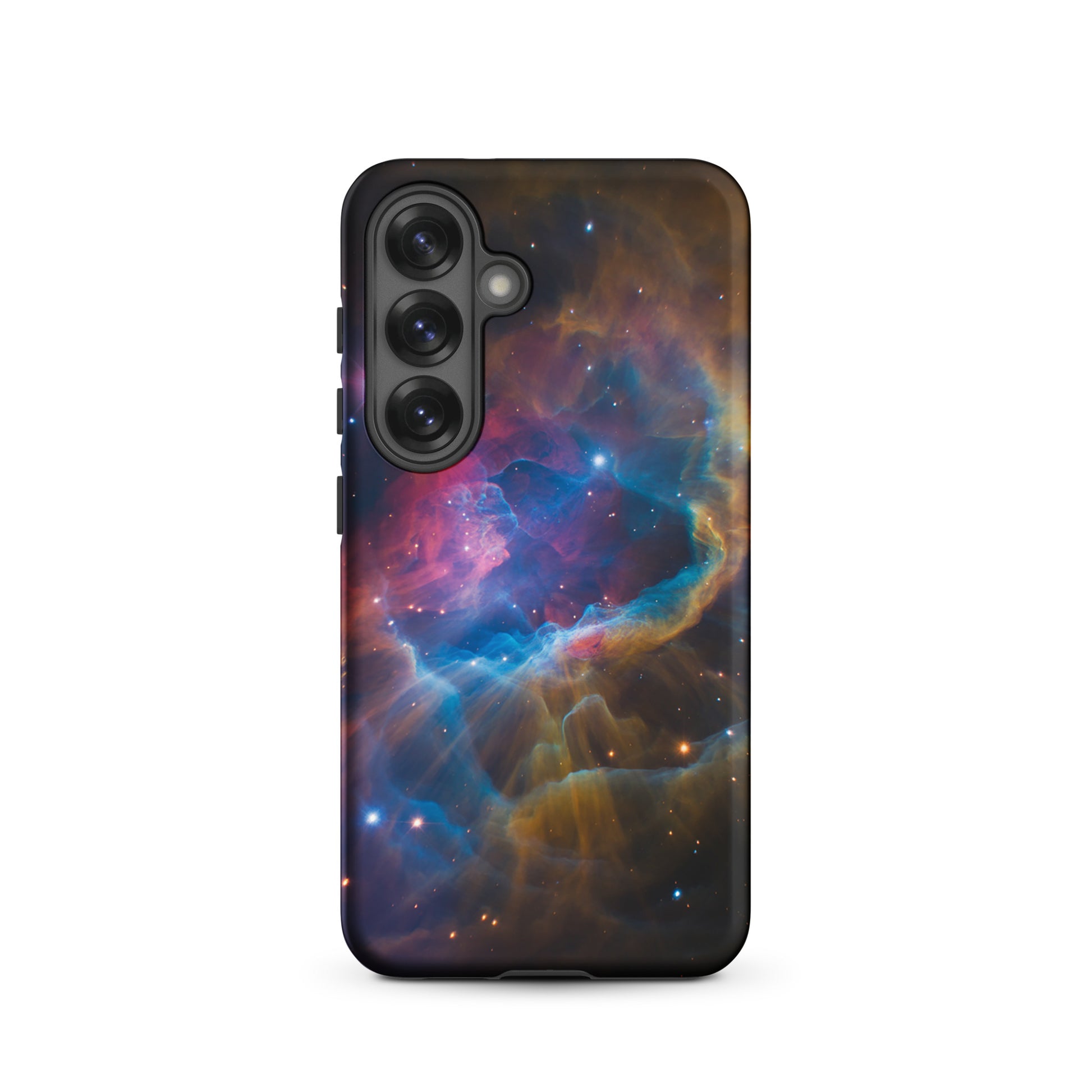 Phone Case for Samsung Galaxy with nebula cosmic design in electric blues, fiery oranges, and pinks. Starburst style, cosmic dreamscape.