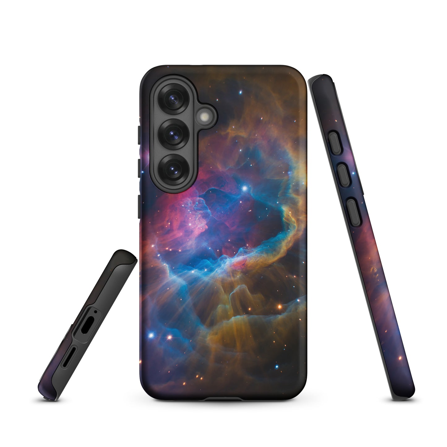 Phone Case for Samsung Galaxy with a nebula cosmic starburst design in blues, oranges, and pinks viewed from different angles.