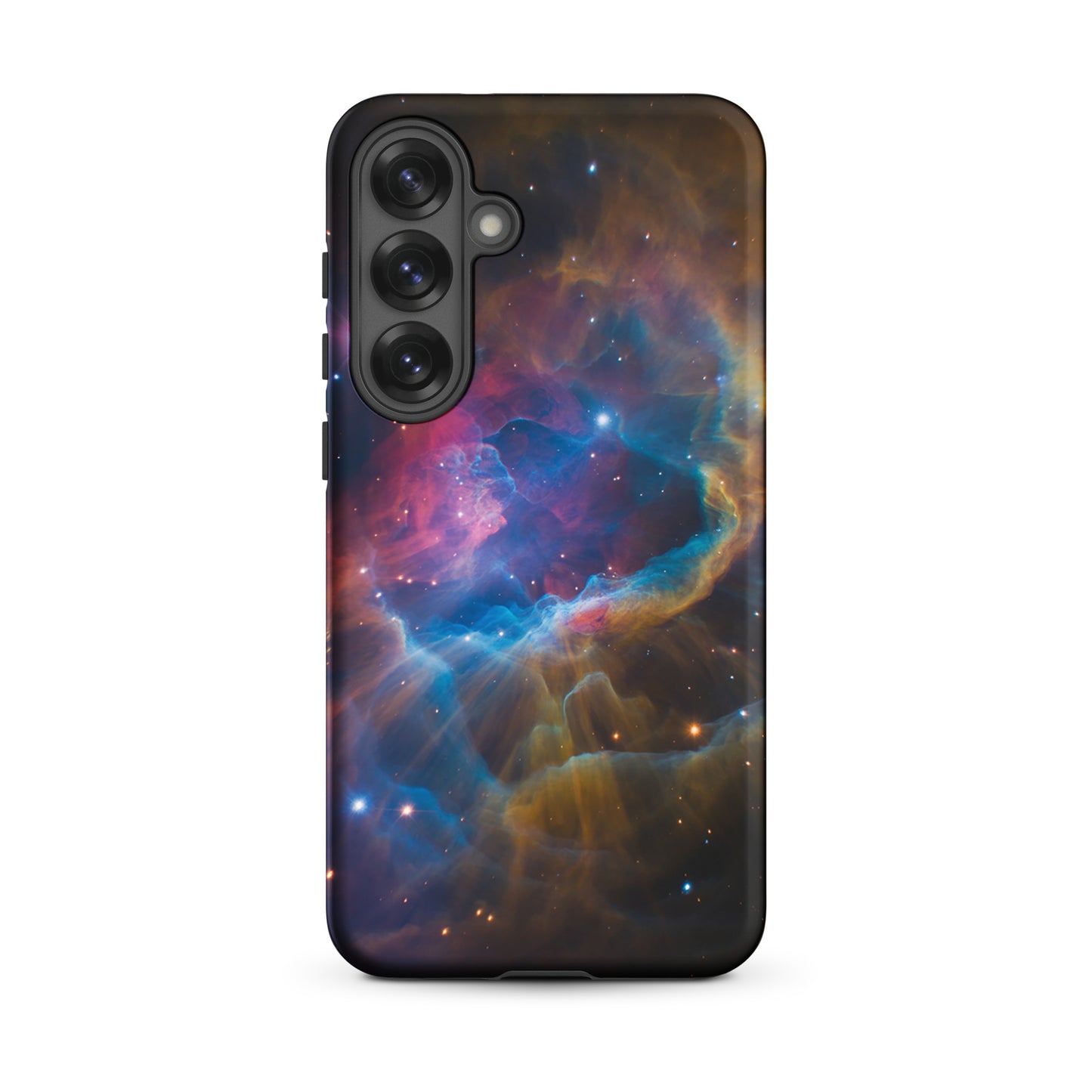 Phone Case for Samsung Galaxy featuring a nebula design with electric blues, fiery oranges, and dreamy pinks, cosmic starburst pattern.