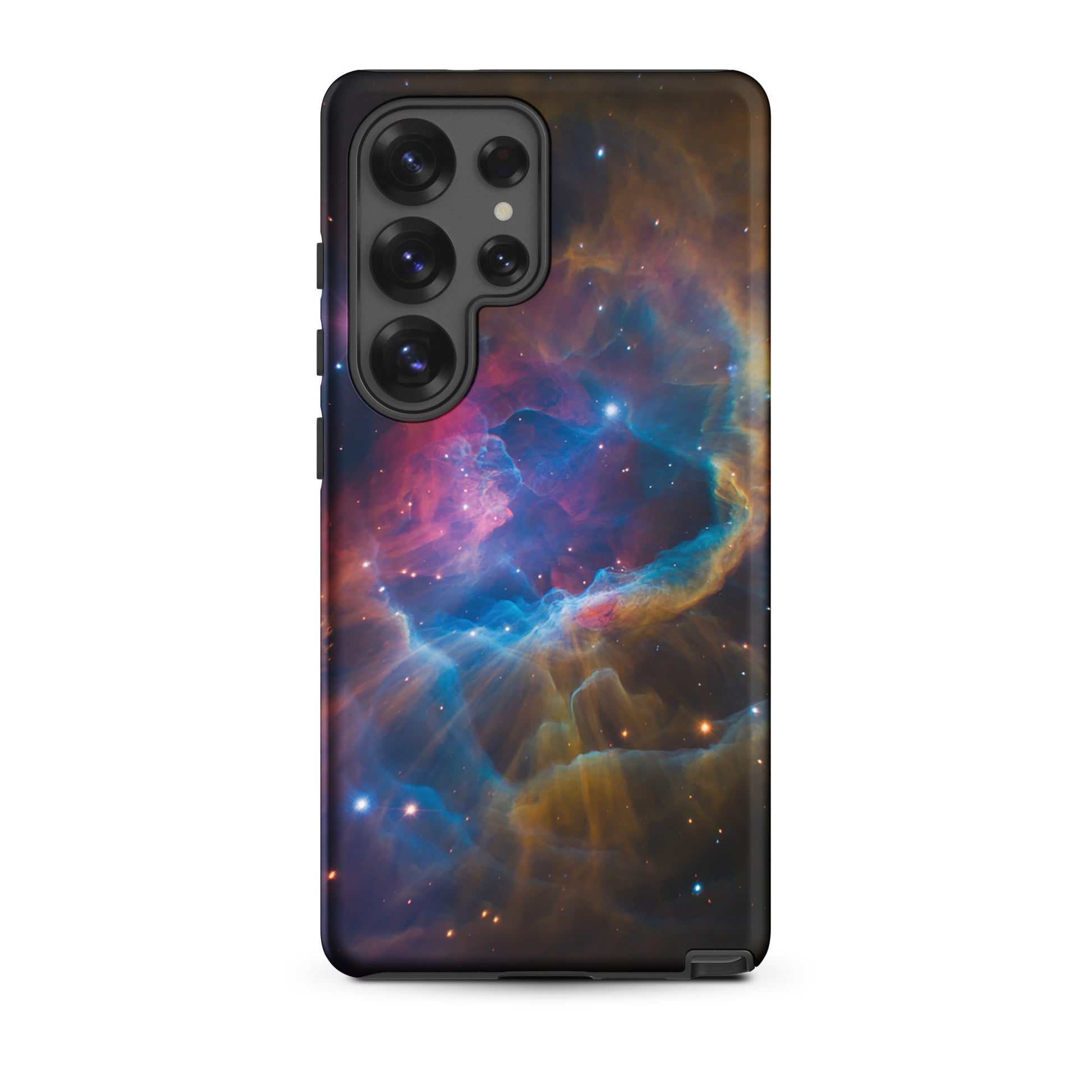 Phone Case for Samsung Galaxy with nebula cosmic starburst design in blues, oranges, and pinks, creating a dreamscape appearance.