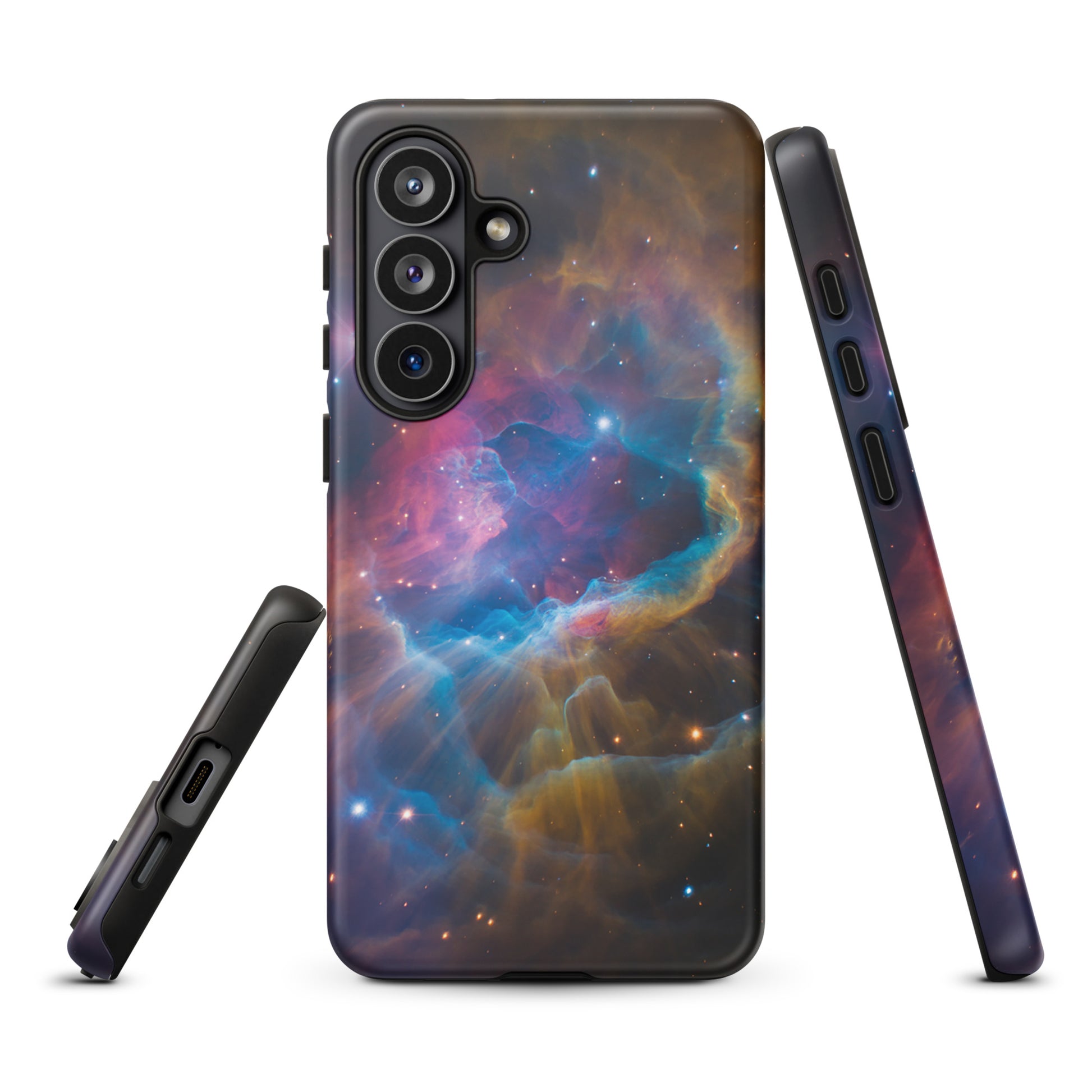 Phone Case for Samsung Galaxy with Nebula Cosmic Dreamscape design featuring swirling stars in blues, oranges, and pinks.