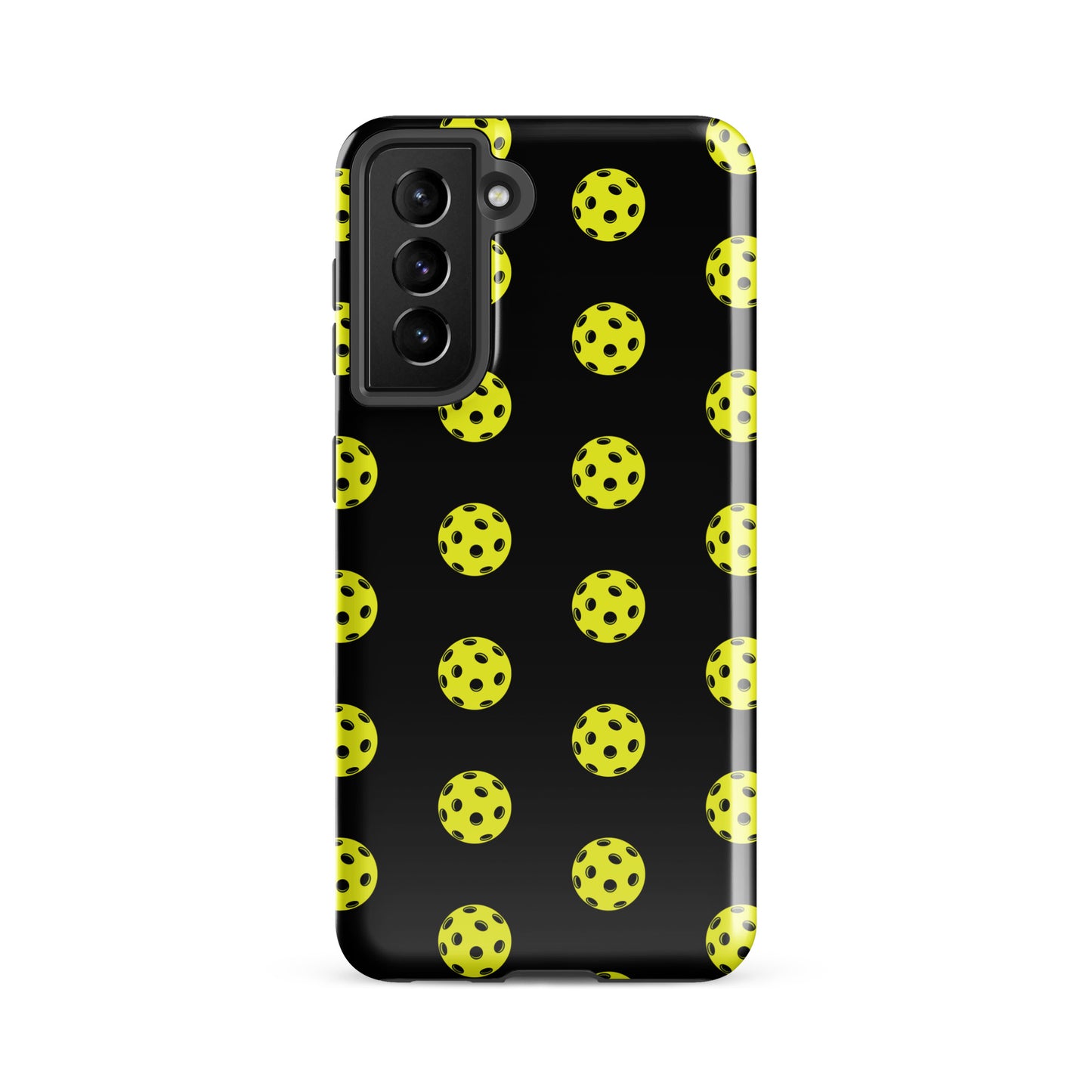Phone Case for Samsung Galaxy with pickleball pattern in yellow on black background, perfect for sport enthusiasts and style-conscious users.