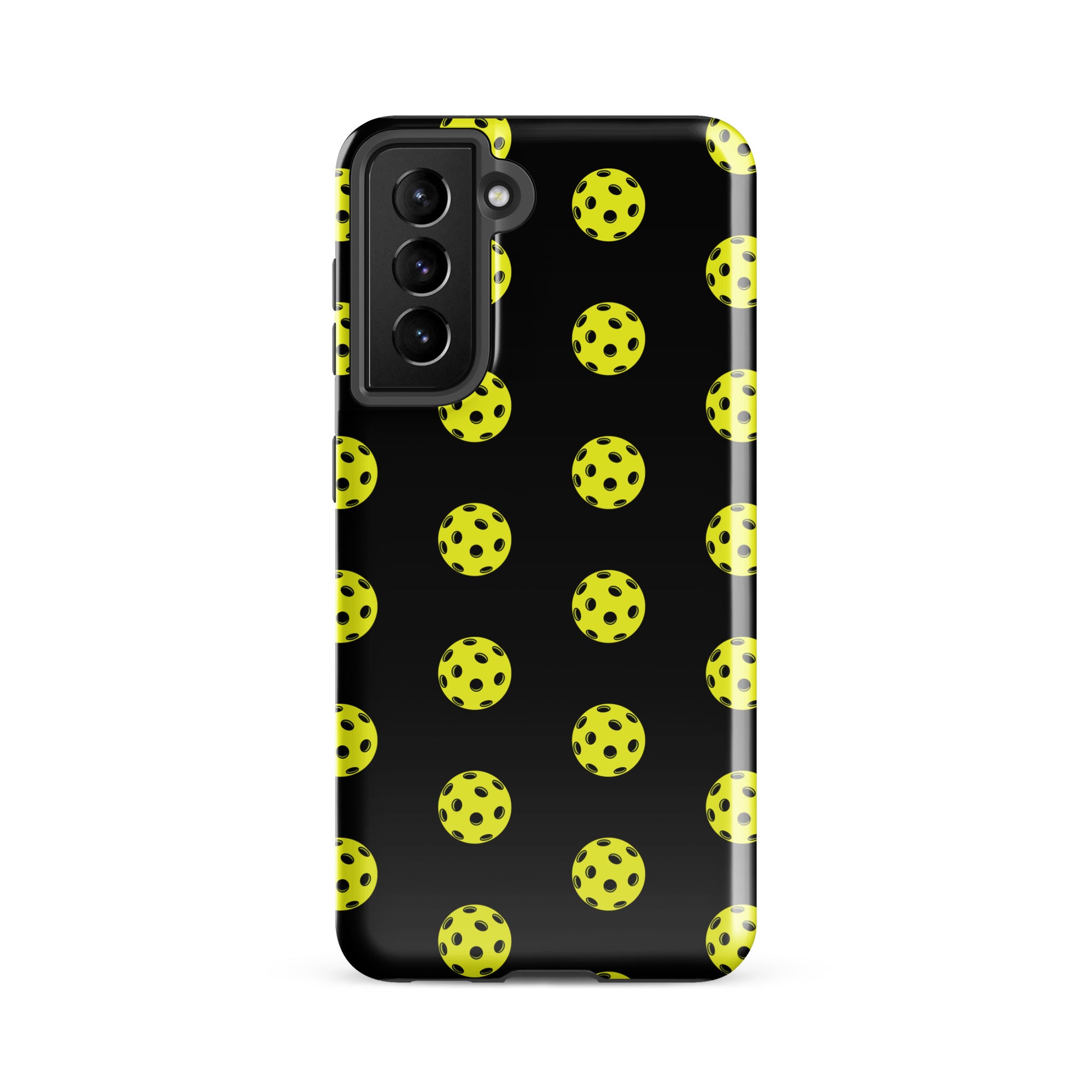 Phone Case for Samsung Galaxy with pickleball pattern in yellow on black background, perfect for sport enthusiasts and style-conscious users.