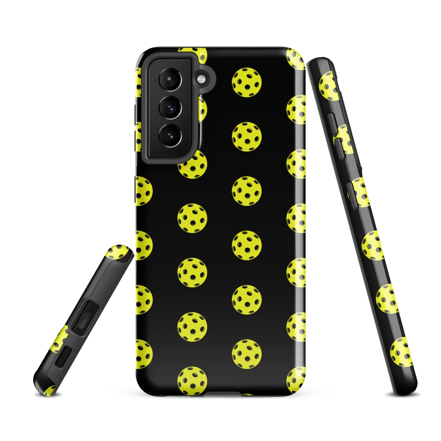 Phone Case for Samsung Galaxy with pickleball pattern, sport-inspired design, bold yellow balls on black background for stylish protection.