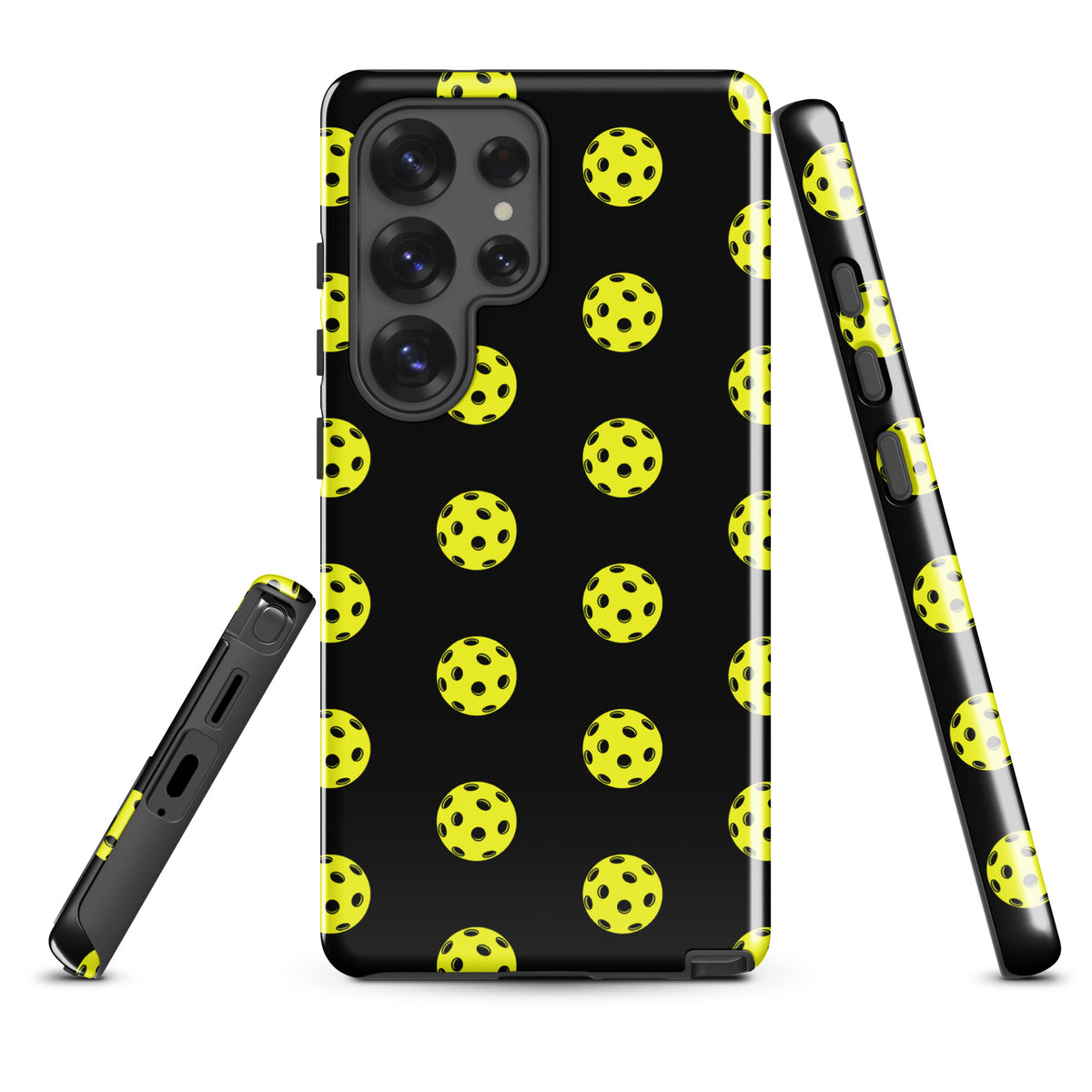 Phone Case for Samsung Galaxy featuring pickleball pattern, bold design, black with yellow motif, sporty style protection.