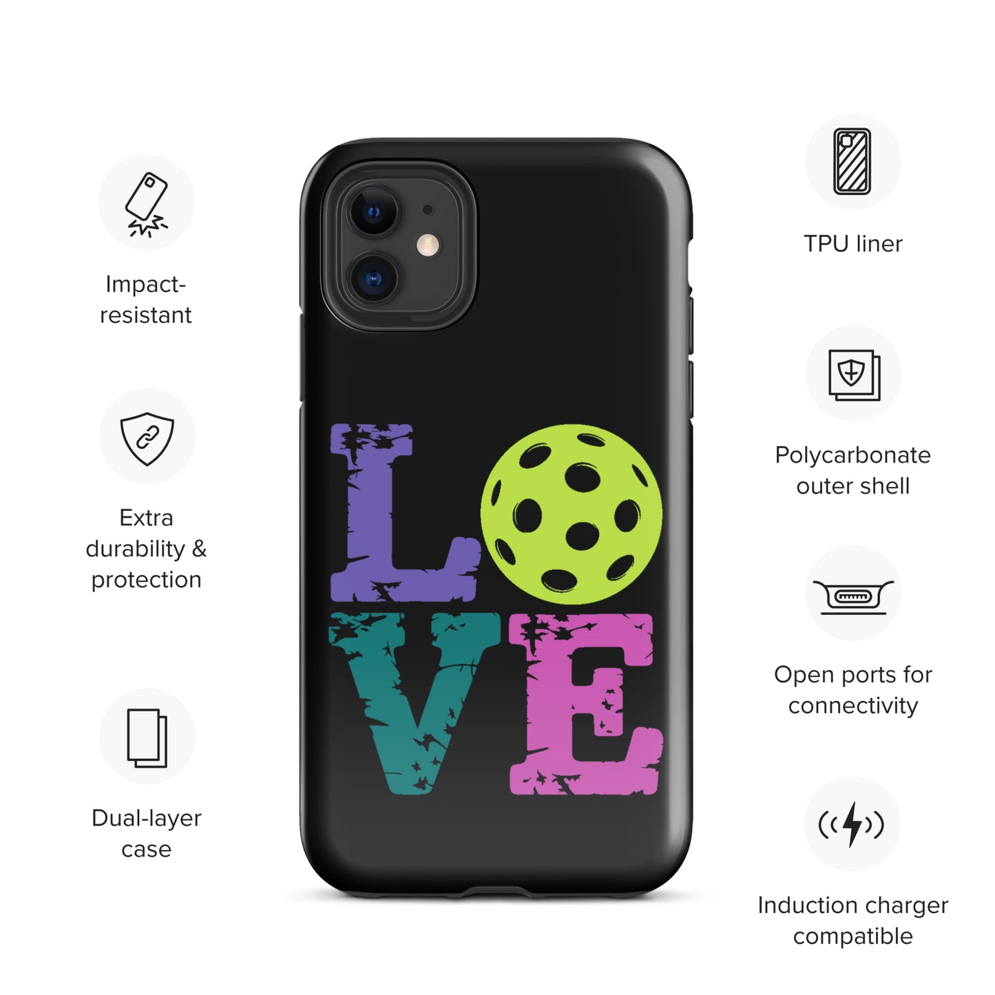 Phone Case for iPhone with Love Design, featuring a pickleball symbol, perfect for pickleball fans seeking a stylish accessory.