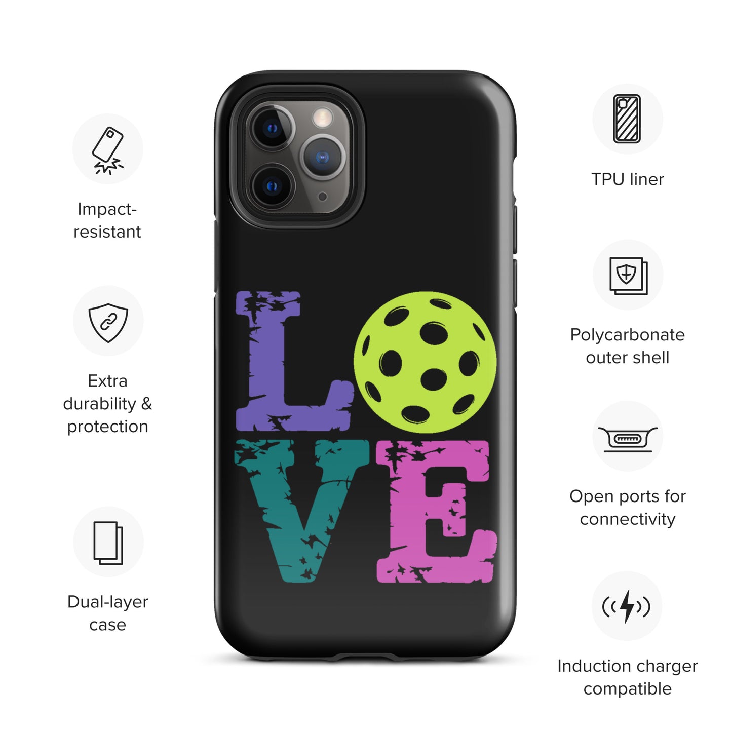 Phone Case for iPhone with LOVE design and pickleball graphic, perfect for pickleball fans. Impact-resistant, TPU liner, dual-layer.