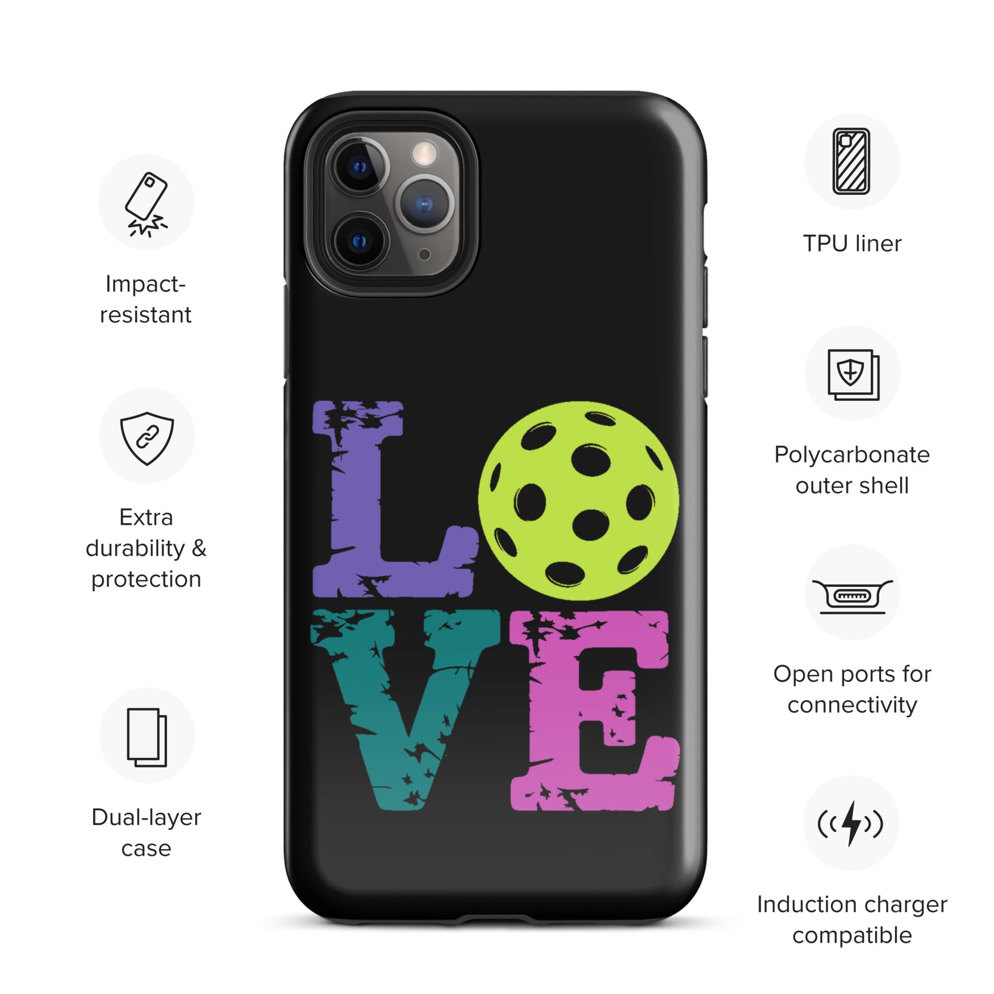 Phone Case for iPhone featuring a LOVE design with a pickleball theme, perfect for pickleball fans seeking style and protection.