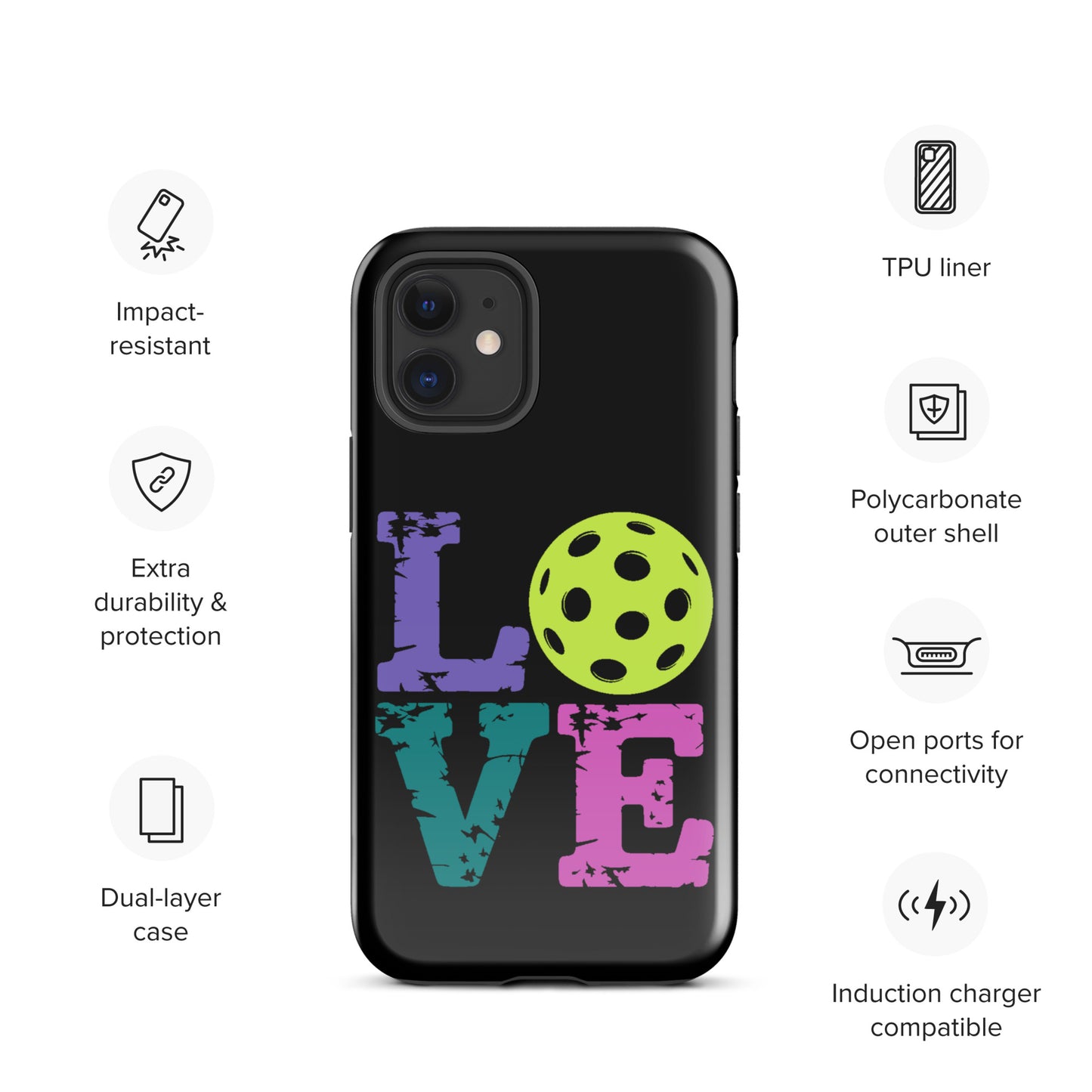 Phone Case for iPhone with love design featuring a pickleball for pickleball fans, impact-resistant, dual-layer, TPU liner