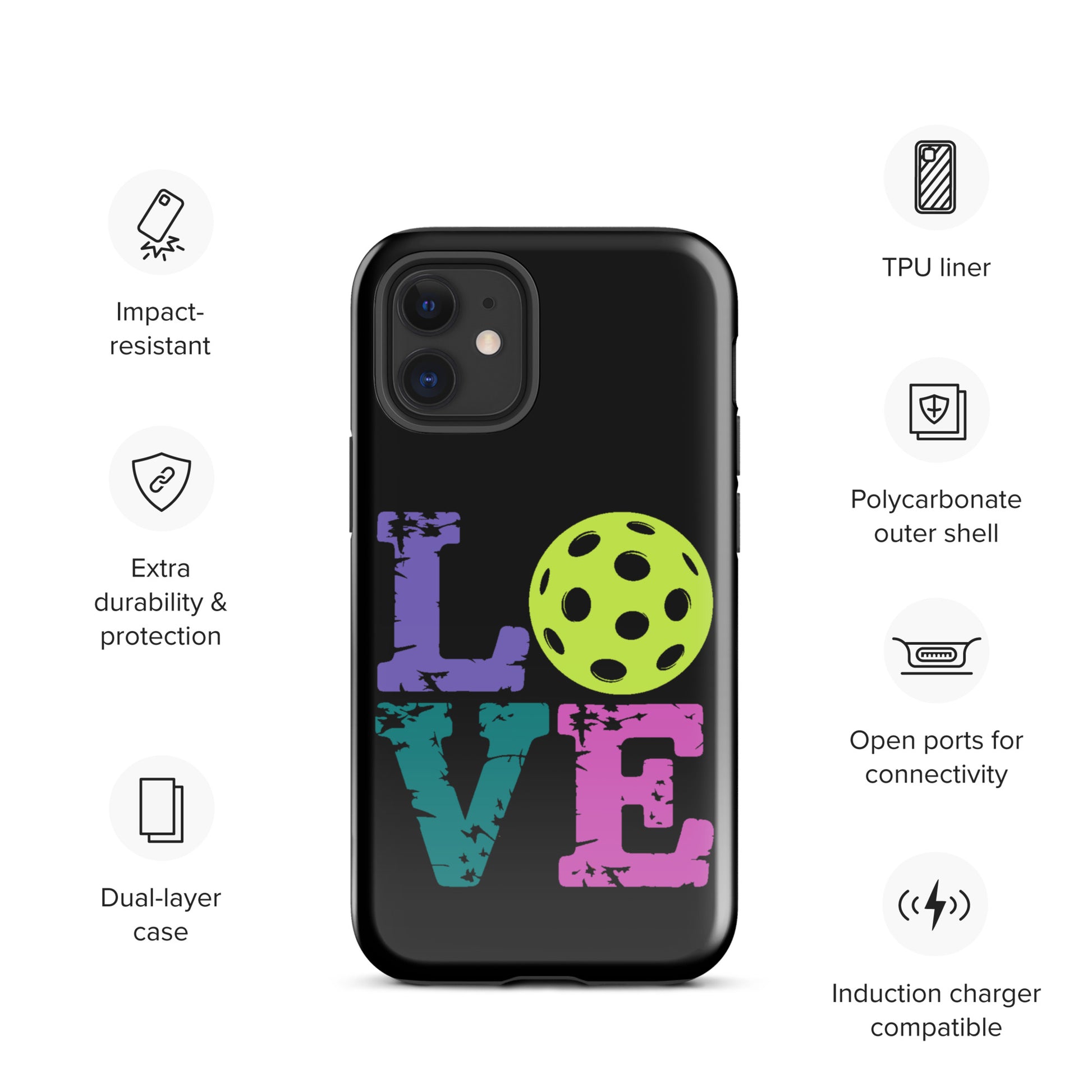 Phone Case for iPhone with love design featuring a pickleball for pickleball fans, impact-resistant, dual-layer, TPU liner
