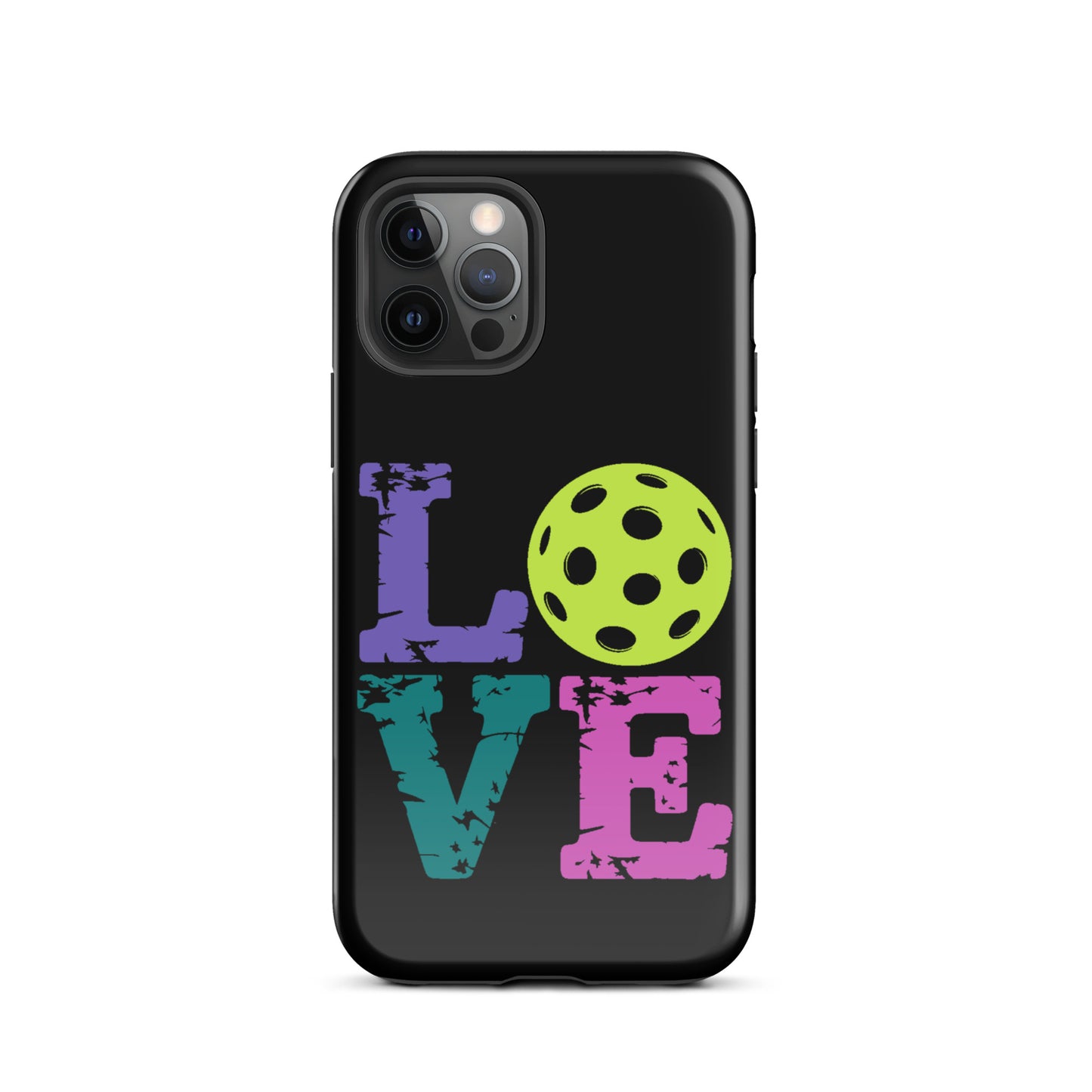 Phone Case for iPhone featuring a colorful pickleball-inspired LOVE design, perfect for pickleball fans. Focus keyword: Phone Case.