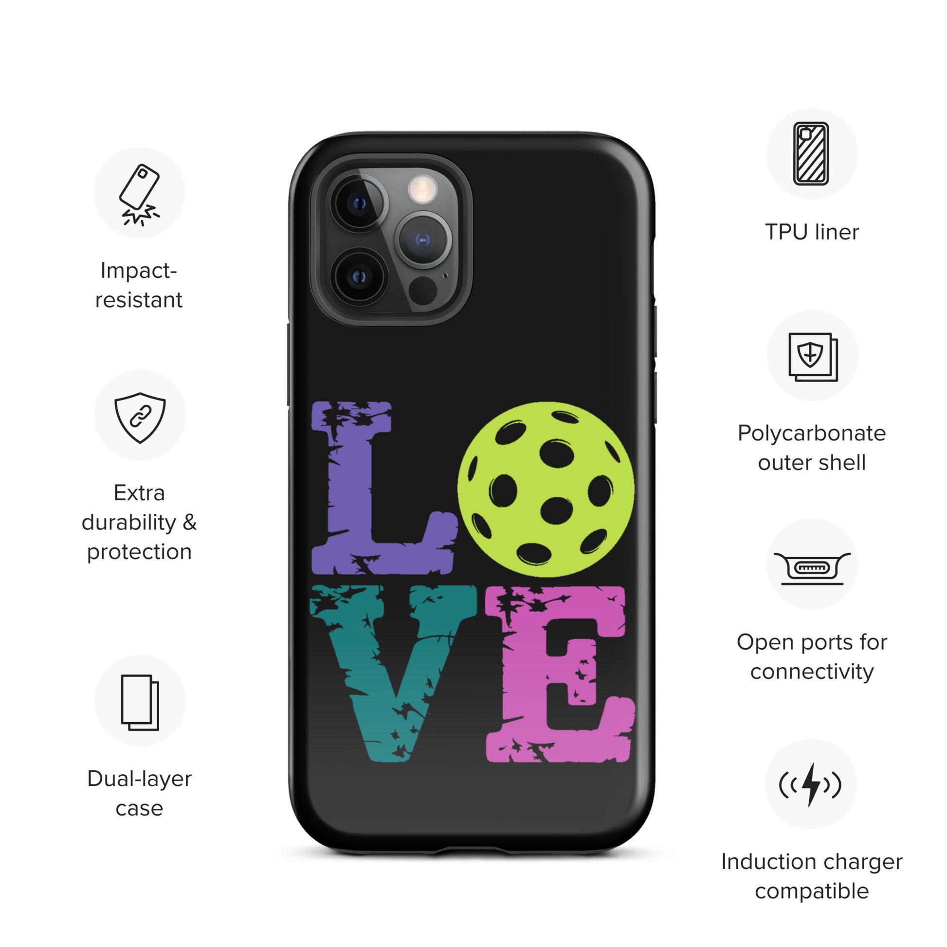 Phone Case for iPhone with LOVE pickleball design, featuring impact-resistant, dual-layer protection and open ports for easy connectivity.
