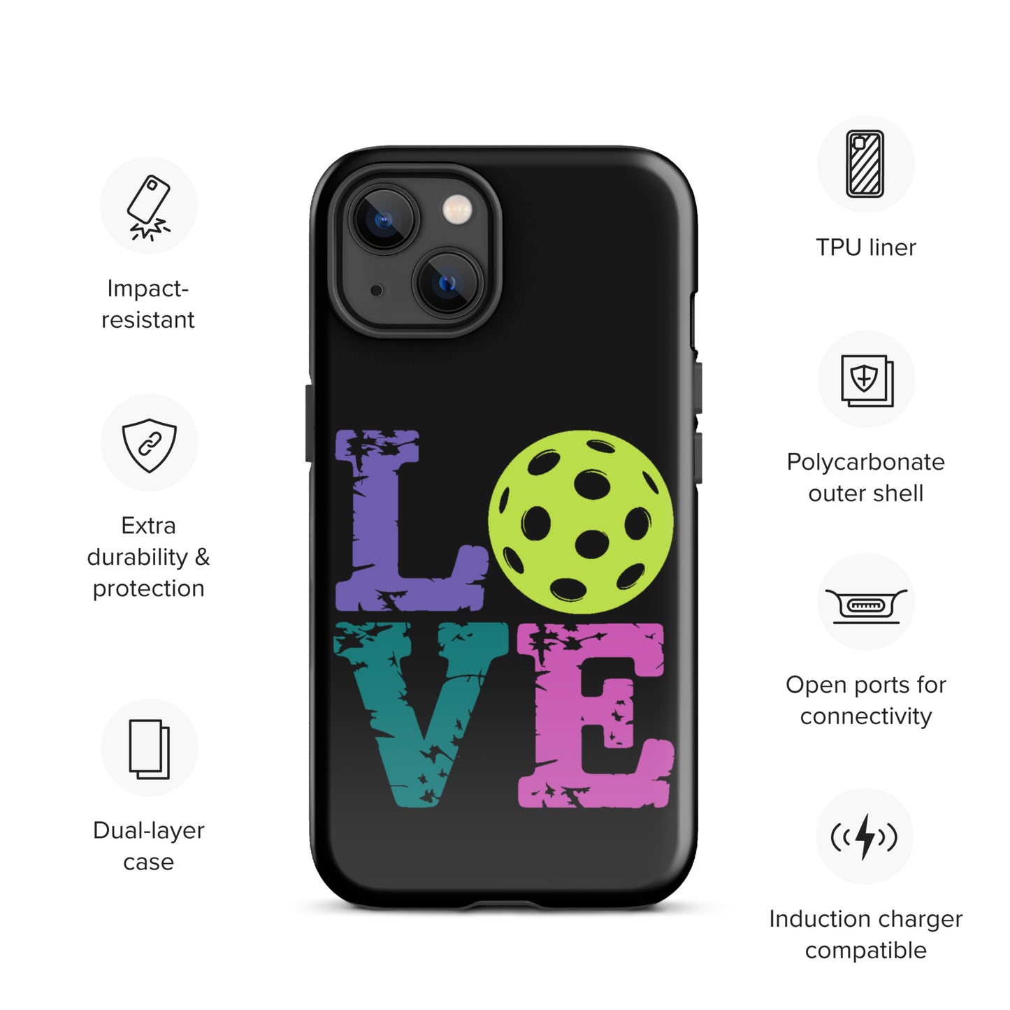 Phone Case for iPhone with pickleball-themed LOVE design, featuring durable dual-layer protection and TPU liner for fans.