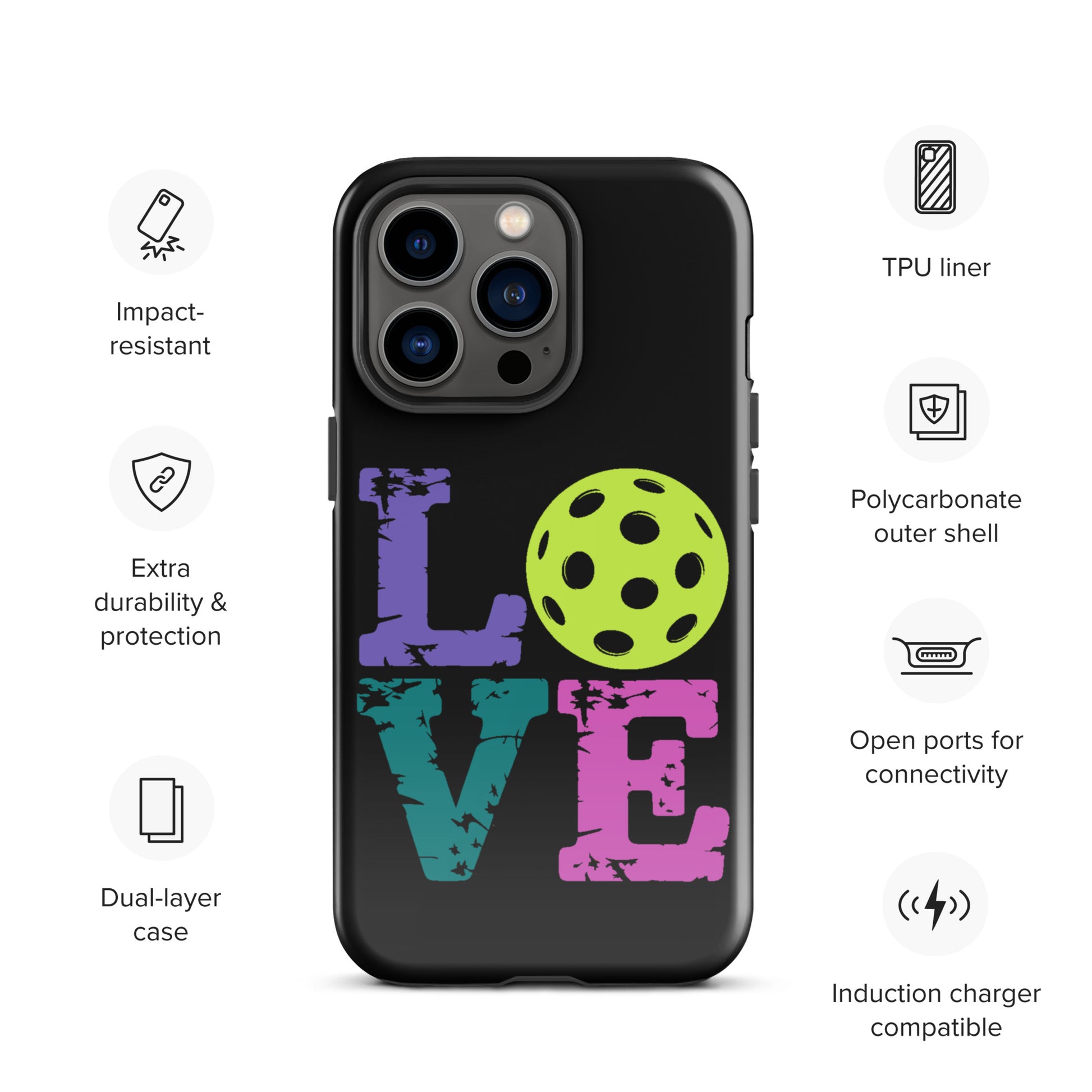 Phone Case for iPhone with Love Design featuring pickleball graphic, perfect for pickleball fans, impact-resistant and durable.