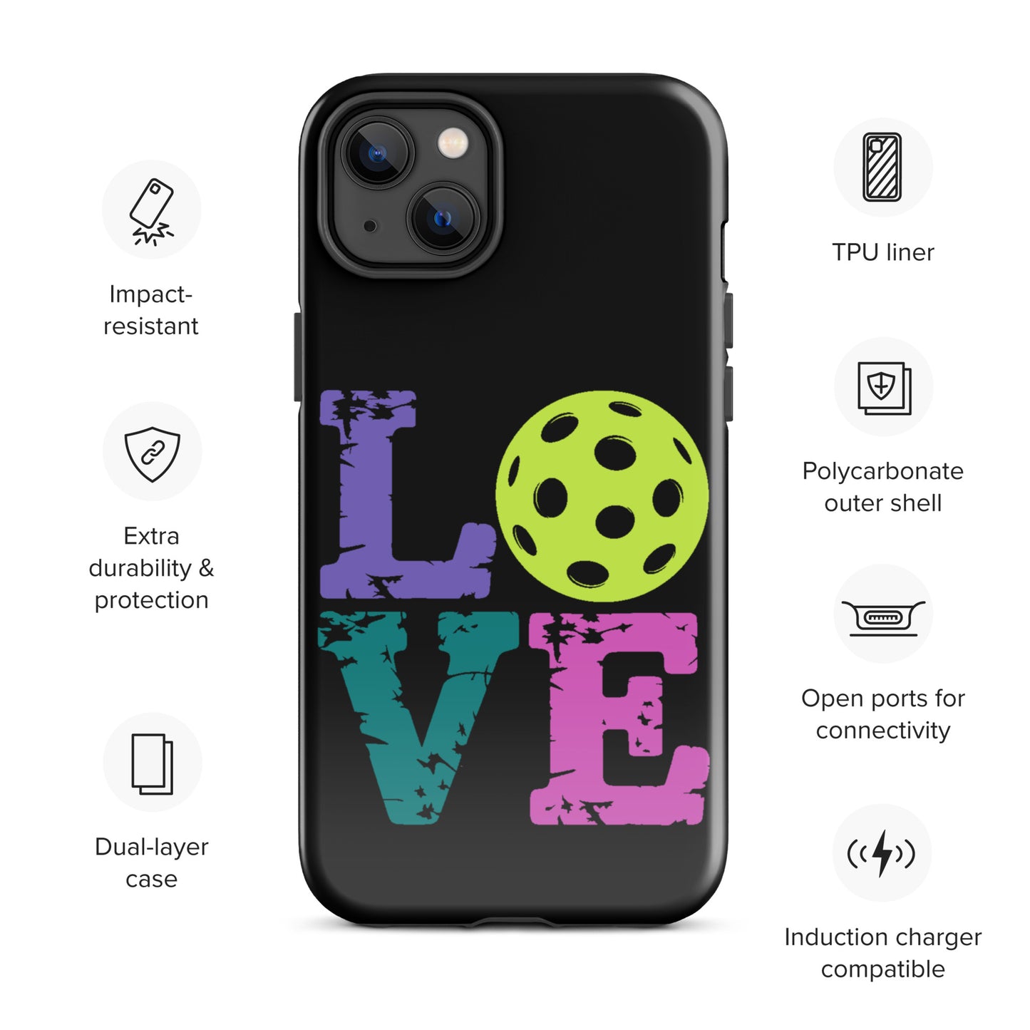 Phone Case for iPhone with pickleball LOVE design, TPU liner, impact-resistant, dual-layer, polycarbonate outer shell
