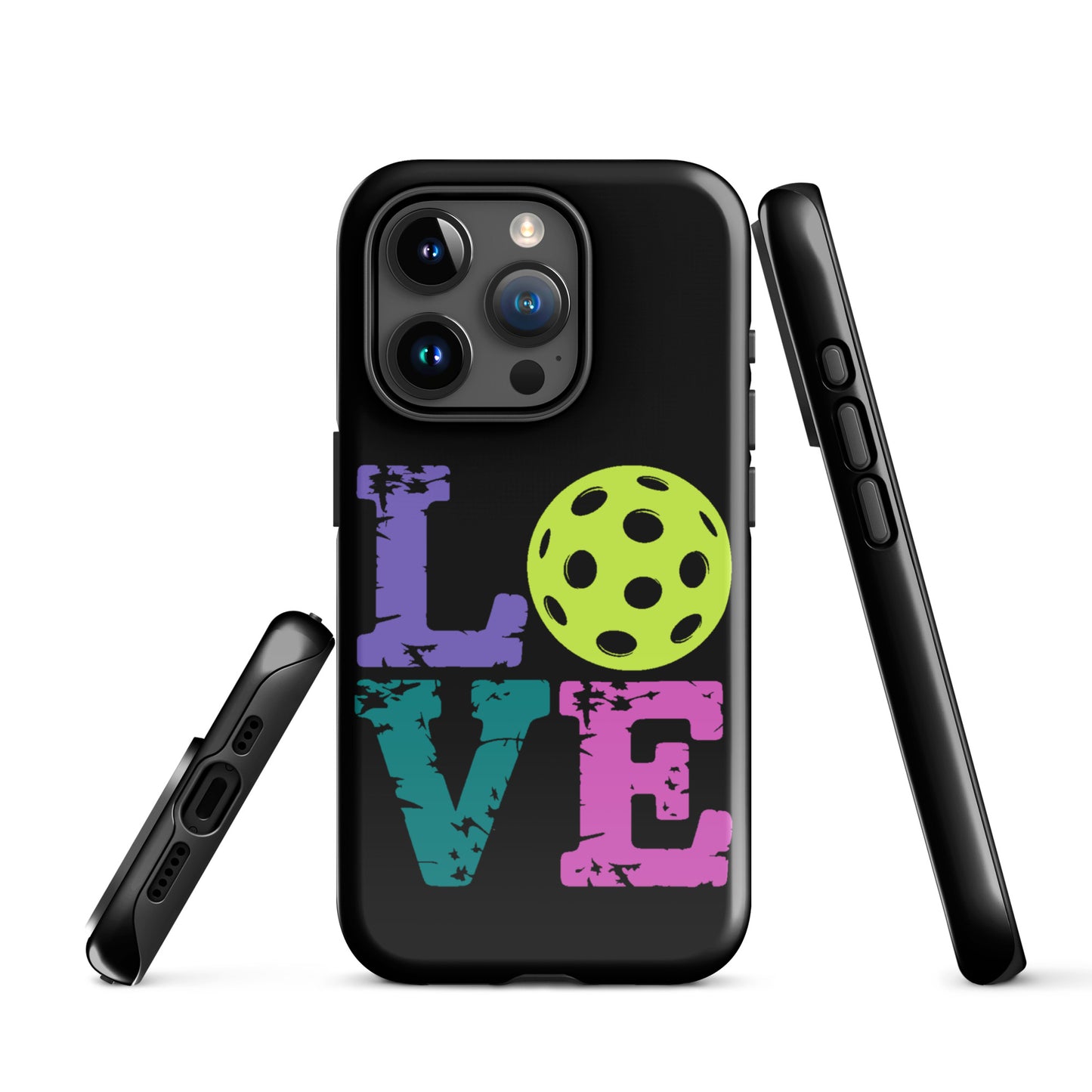 Phone Case for iPhone with pickleball-themed LOVE design in bold colors, ideal for pickleball fans