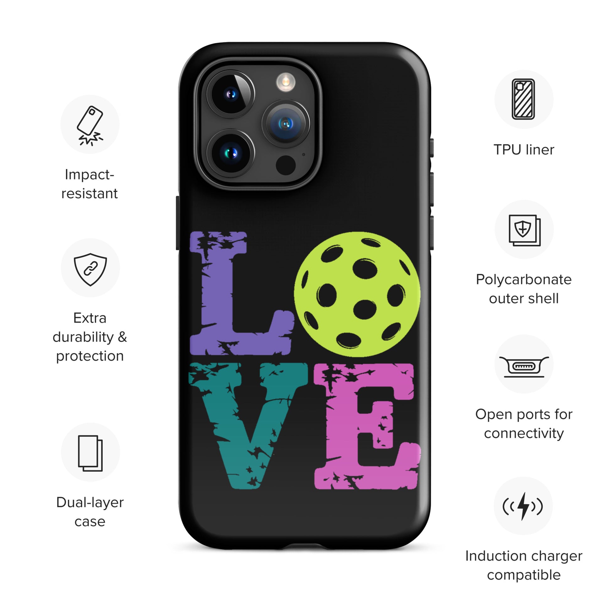 Phone Case for iPhone with Love Design featuring pickleball theme, highlighting impact-resistant and dual-layer protection features.
