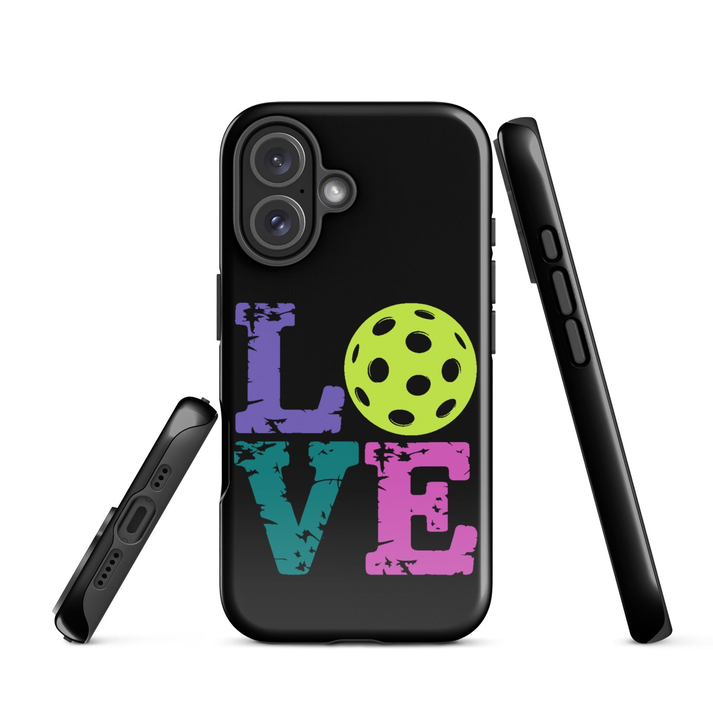 Phone Case for iPhone with LOVE design featuring a pickleball, perfect gift for pickleball fans. Colorful and fun accessory for your phone.
