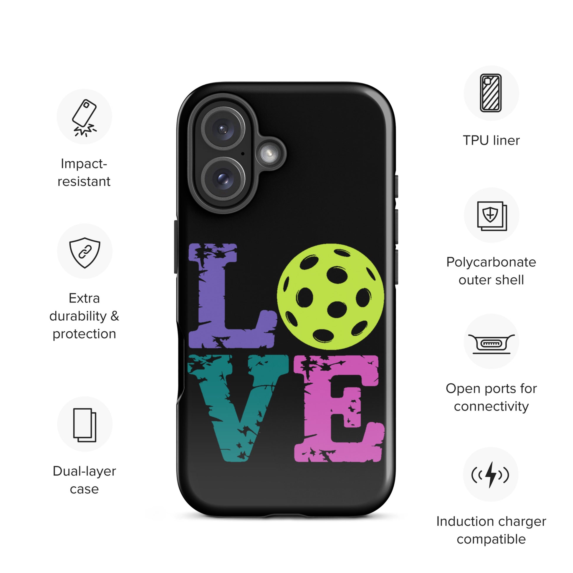 Phone Case for iPhone with Love Design featuring pickleball for fans, offering durability and protection, TPU liner, and charger compatibility.