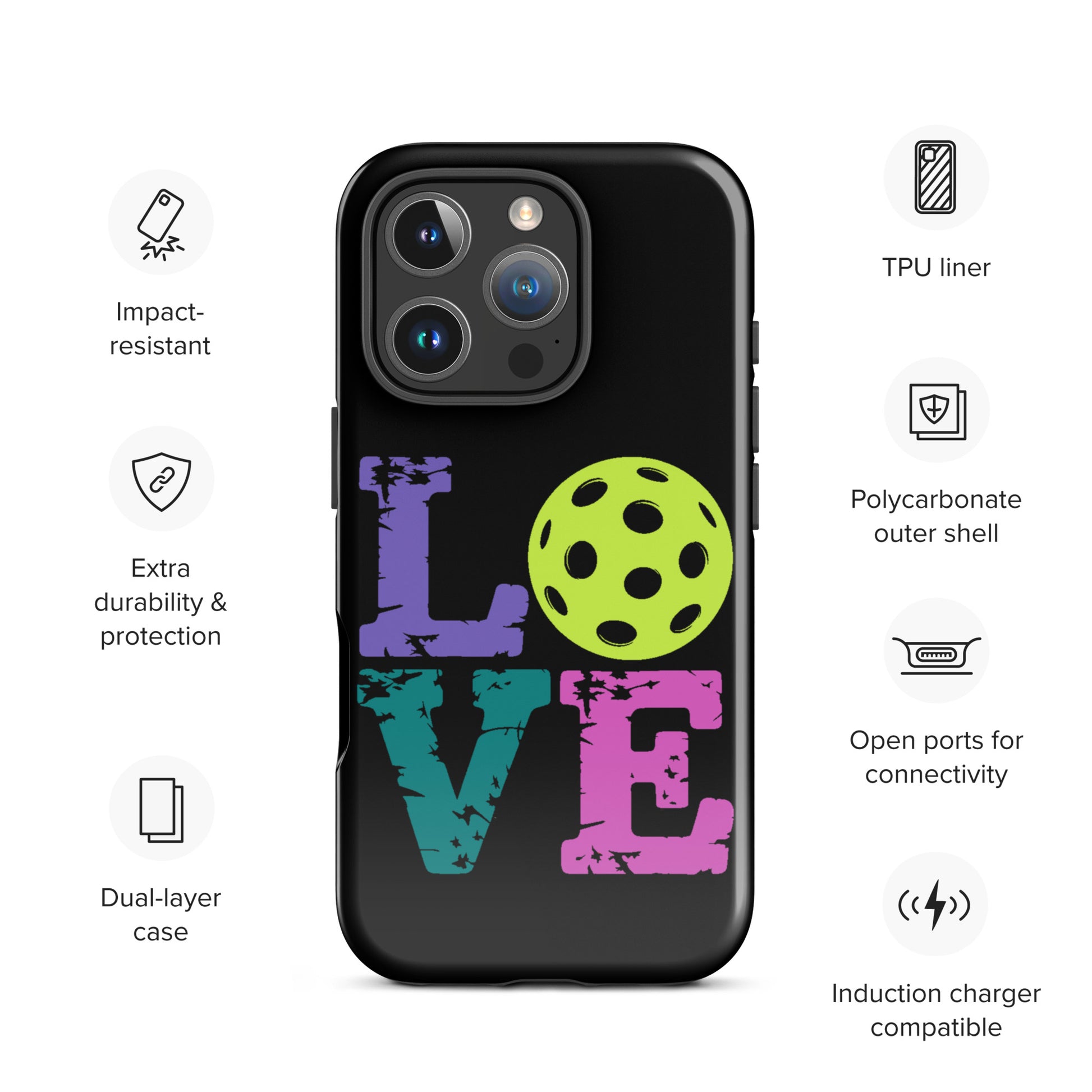 Phone Case for iPhone with LOVE design featuring a pickleball for pickleball fans.