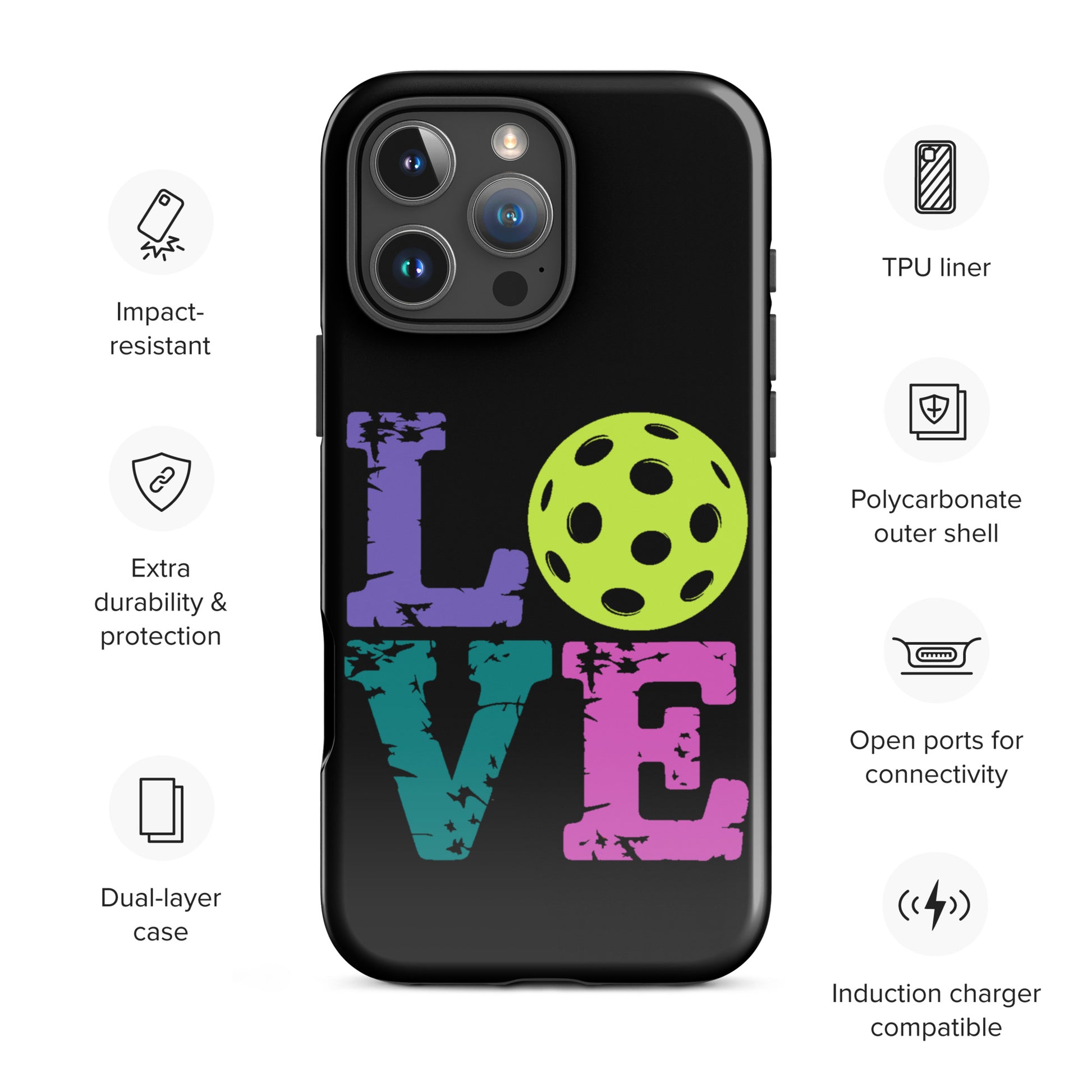 Phone Case for iPhone with love design featuring a pickleball for pickleball fans, impact-resistant and compatible with induction charging.
