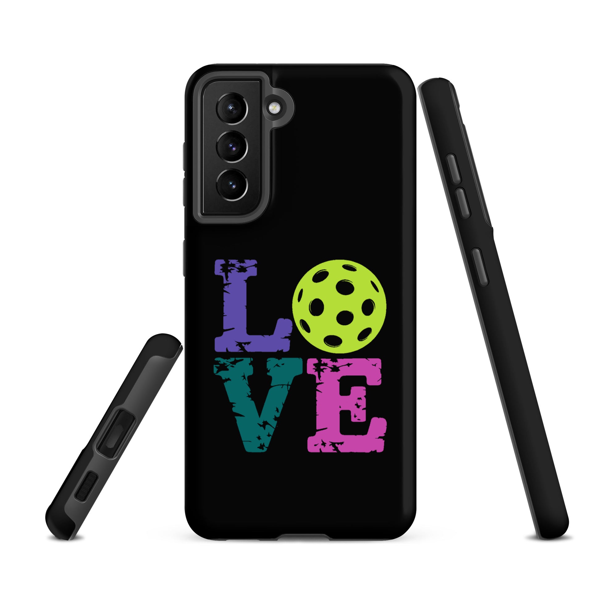 Phone Case with colorful LOVE and pickleball design for Samsung Galaxy.