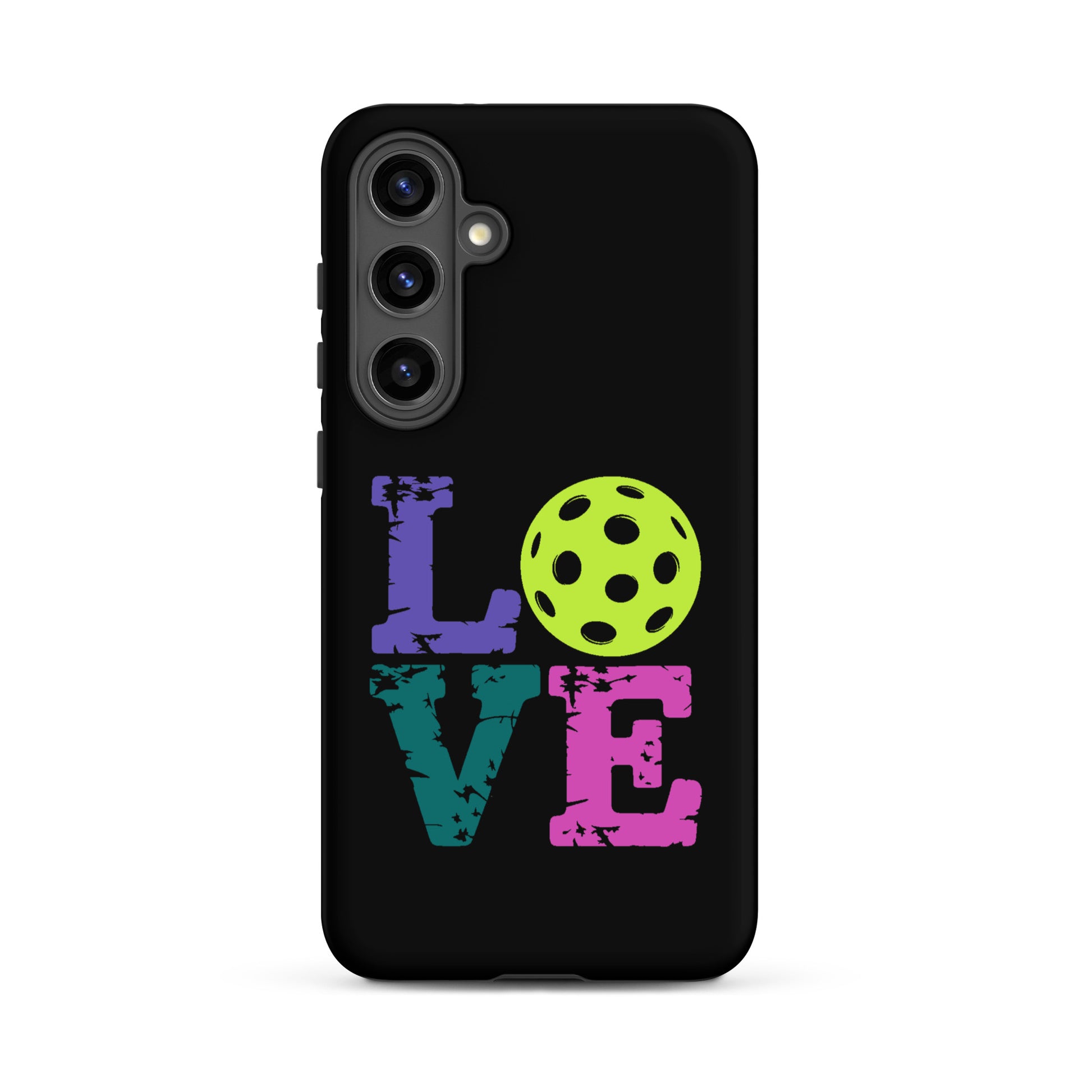 Phone Case for Samsung Galaxy with LOVE pickleball design, ideal for pickleball fans, black case with colorful letters and pickleball.