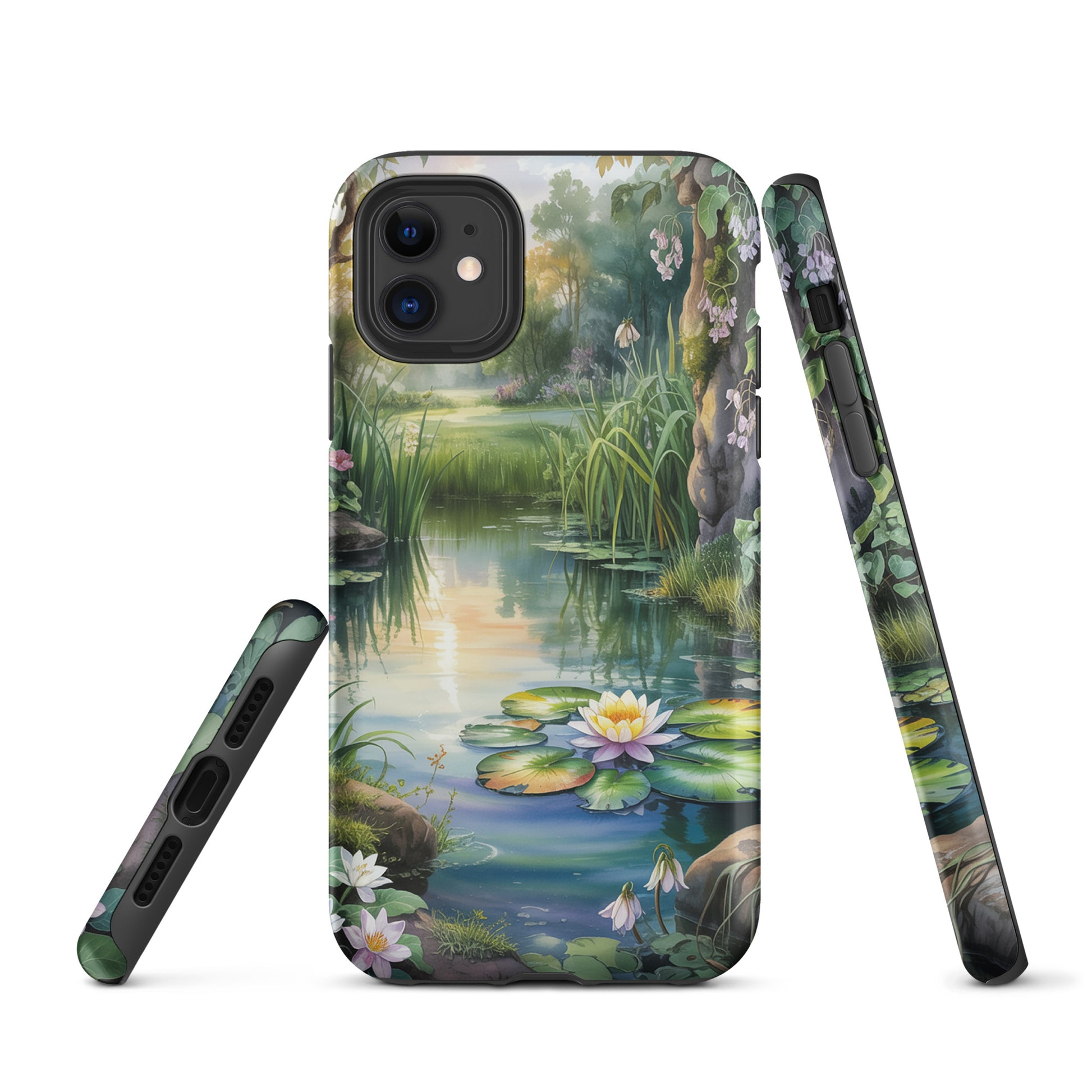 Phone Case for iPhone featuring enchanted pond with lily flowers and lush greenery design, providing a serene and storybook charm.