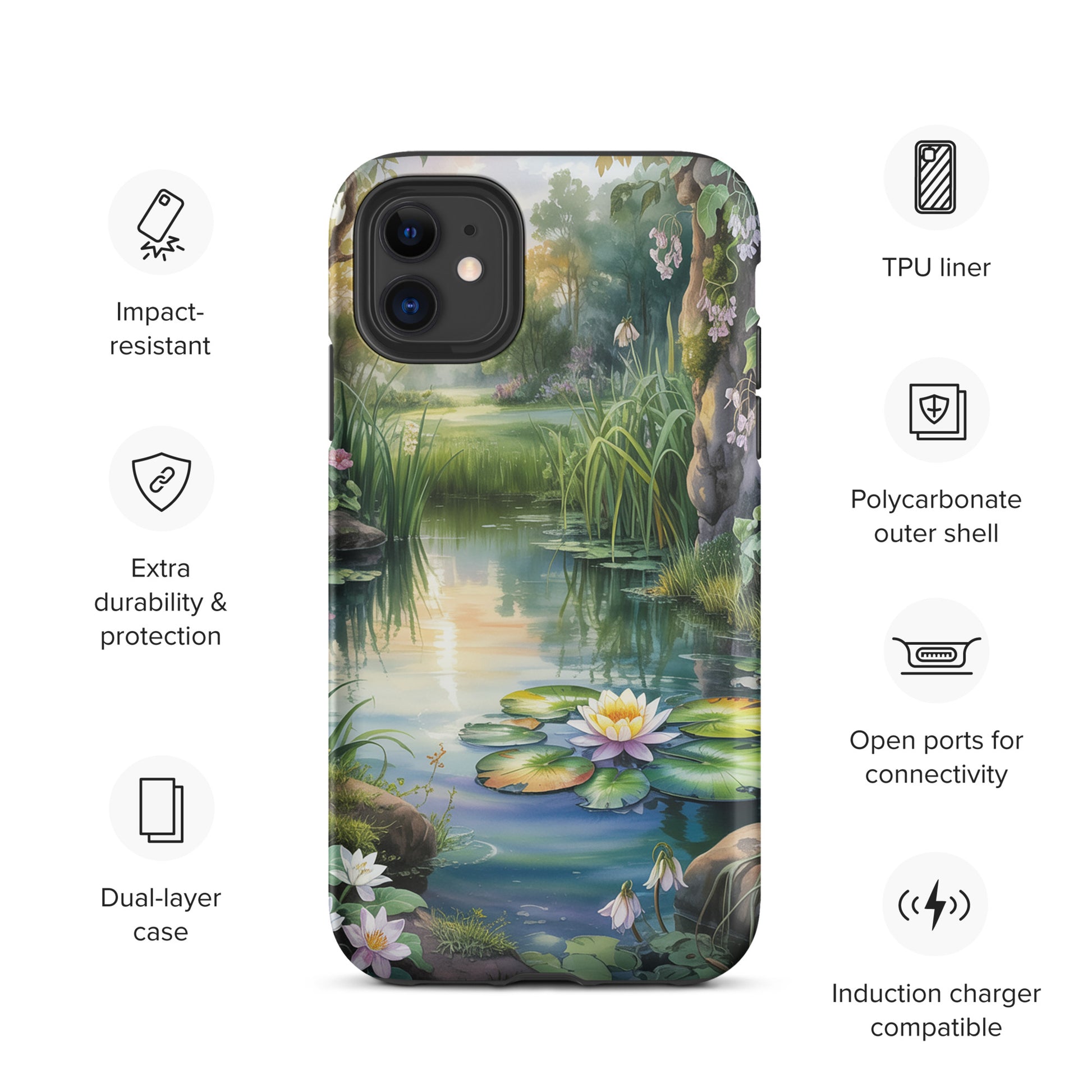Phone Case for iPhone with enchanted pond design, featuring lily-dotted water, lush greenery, and sunset light.