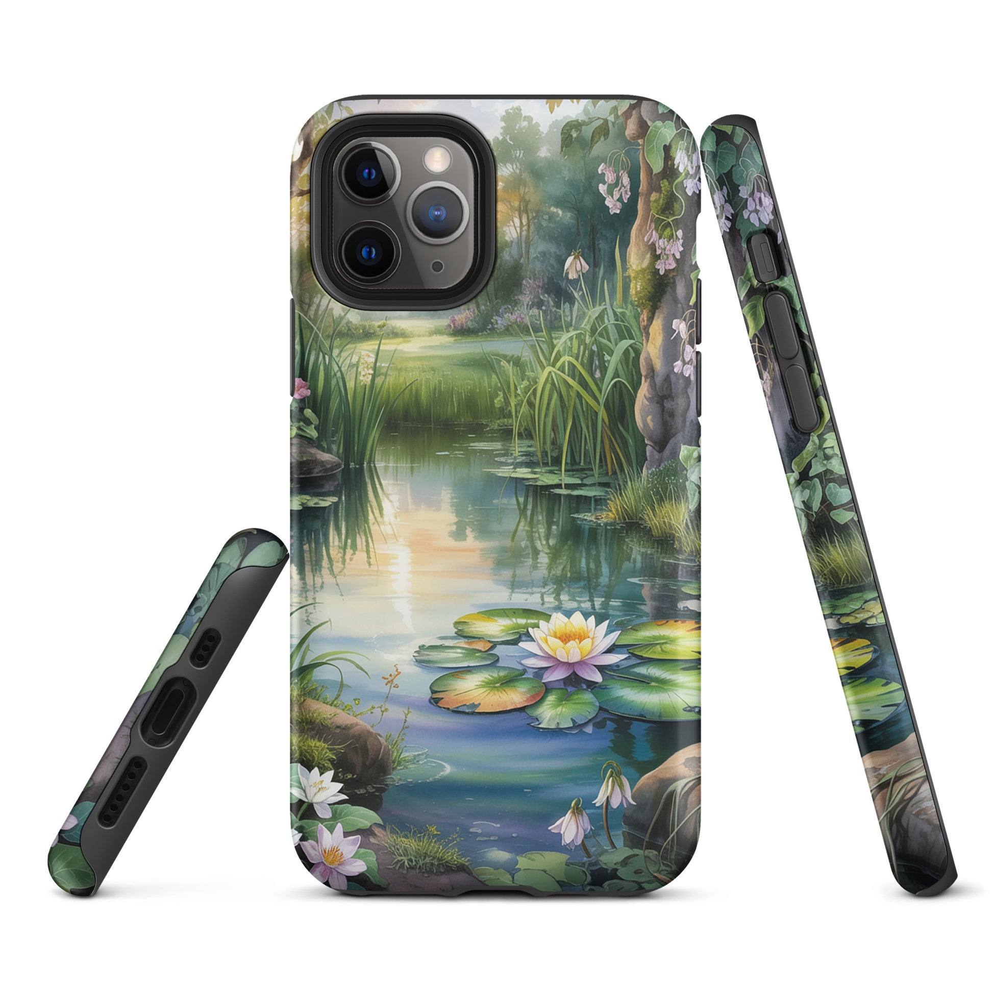 Phone Case for iPhone with enchanted pond design featuring lily pads and sunset reflections.